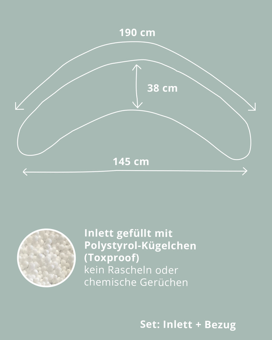 Stillkissen-Set in Mint mit Maßen 190x38 cm und Inlett gefüllt mit geräuscharmen Polystyrol-Kügelchen.