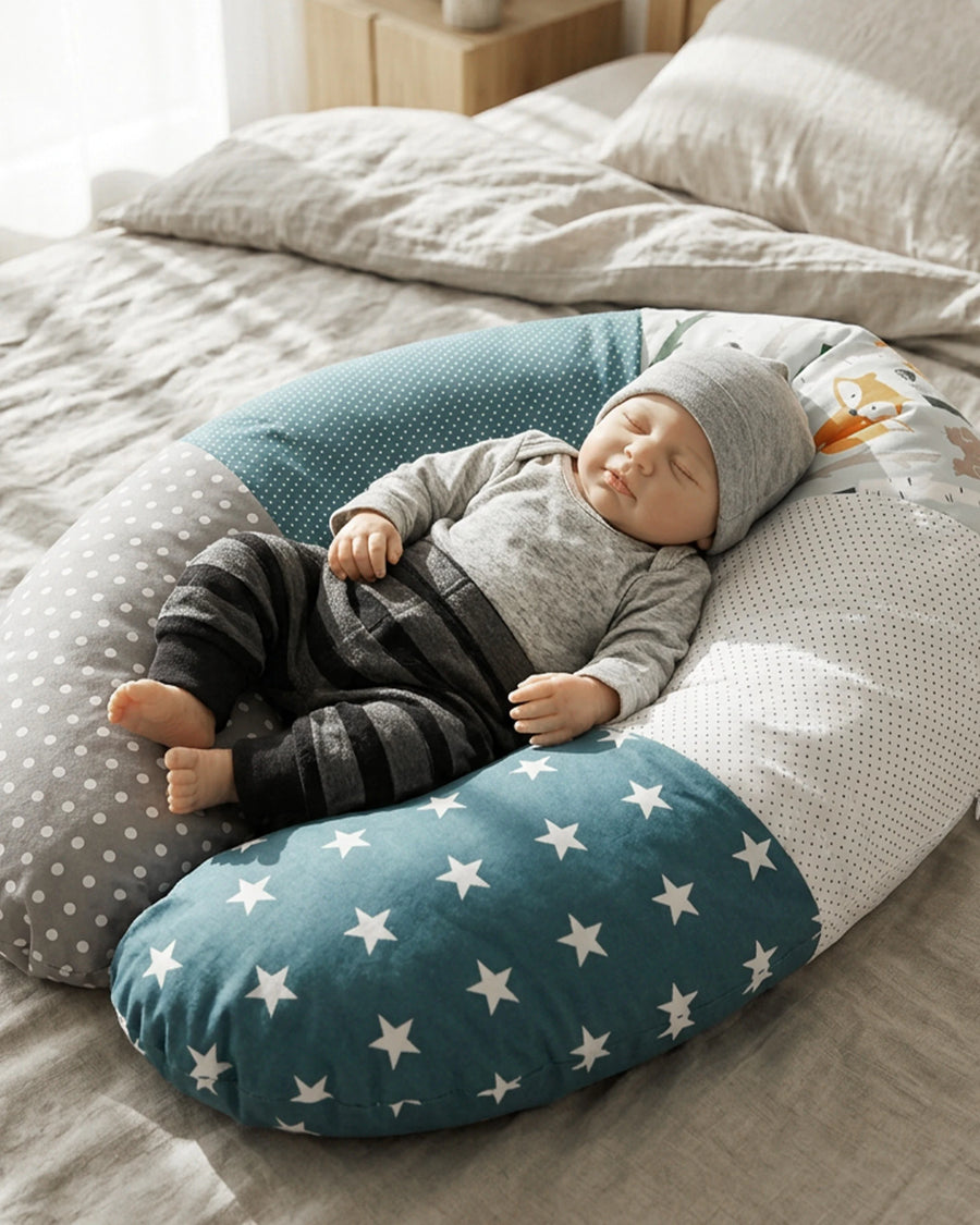 Baby schläft friedlich auf einem Stillkissen mit Waldtiere Petrol Patchwork-Design, Sternen und Punkten.
