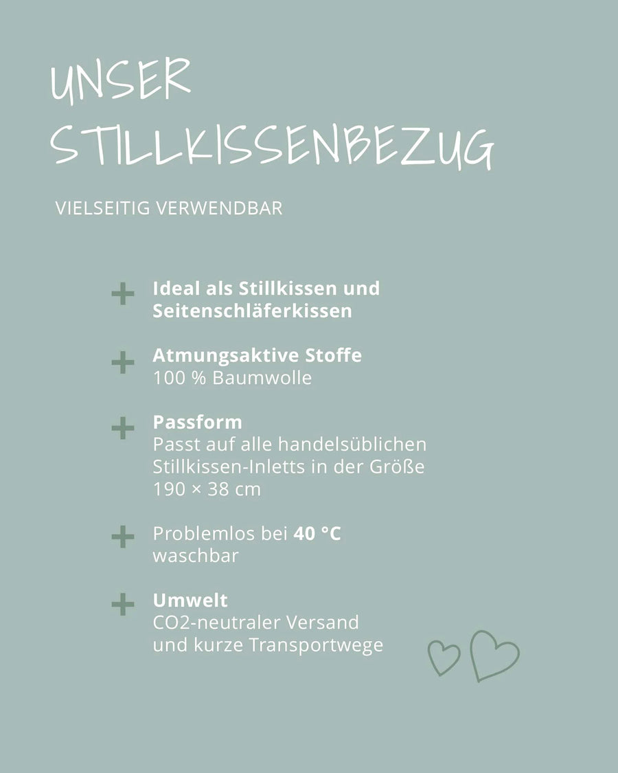 Infografik mit Text "Unser Stillkissenbezug" und Vorteilen wie 100 % Baumwolle und 40 °C waschbar.