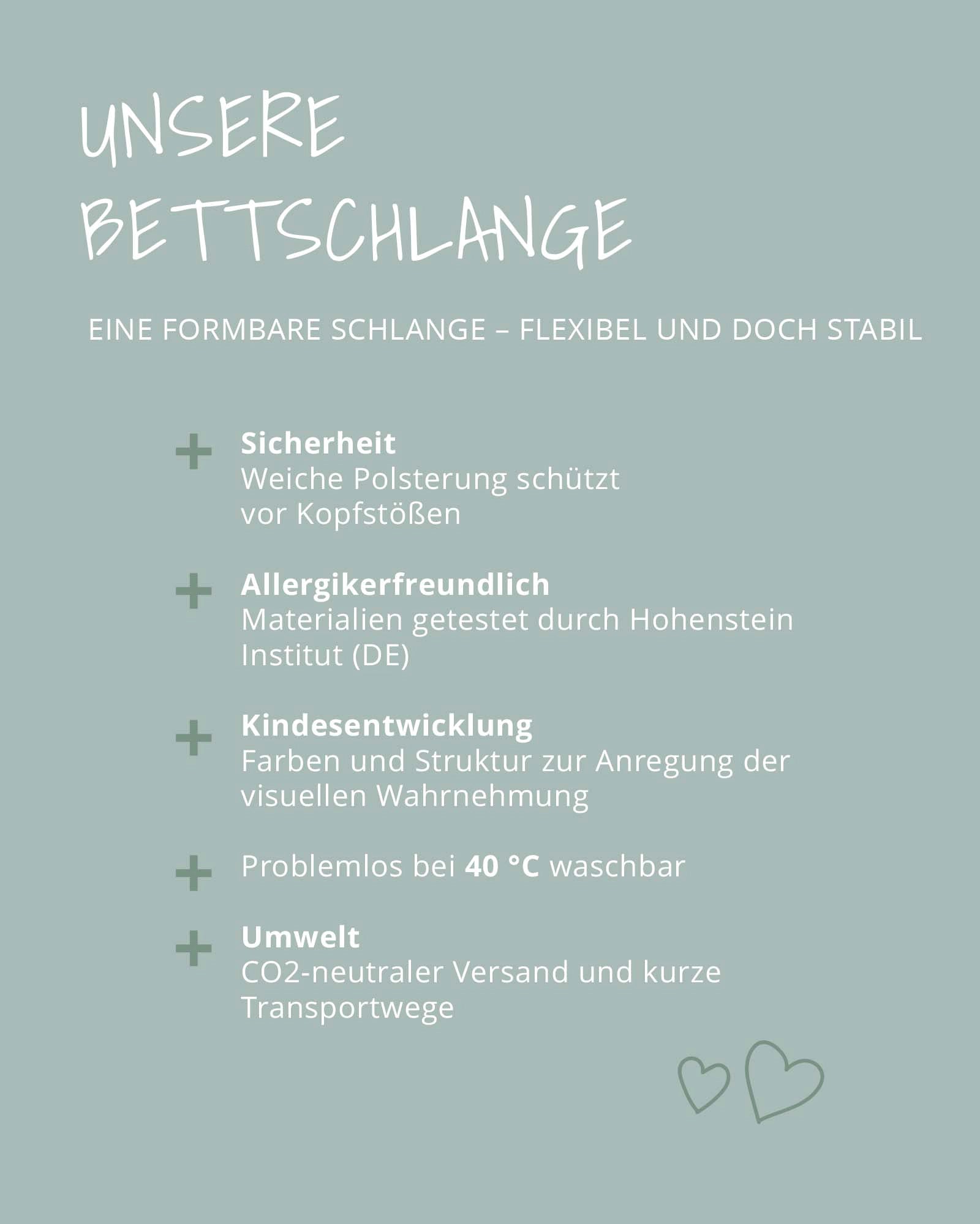 Text overlay: "UNSERE BETTSCHLANGE" with features like safety, allergy-friendly, child development, washable, and eco-friendly.