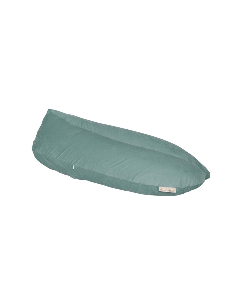 Mint green corduroy nursing pillow with ULLENBOOM label and hidden zipper.