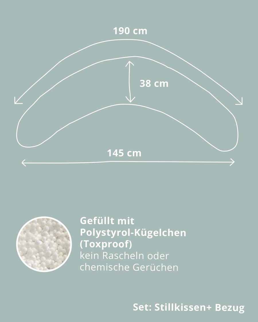 Curved nursing pillow diagram with dimensions (190x38 cm) and a close-up of white EPS bead filling.