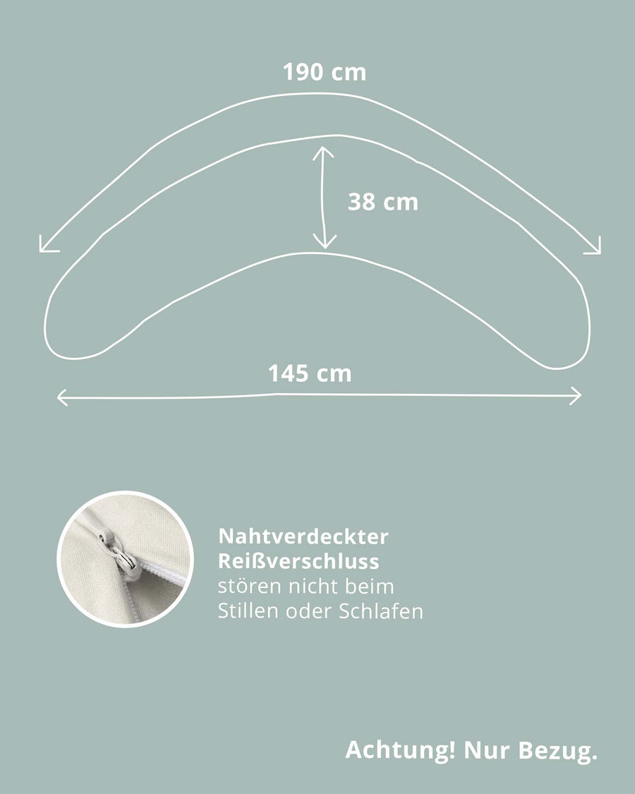 Stillkissenbezug-Maße 190x38 cm mit verstecktem Reißverschluss, ideal für Stillkissen.