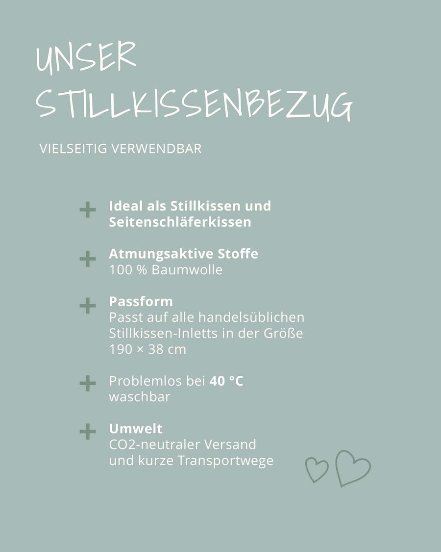 Light blue graphic with "UNSER STILLKISSENBEZUG" and bullet points on features like 100% cotton, washable.