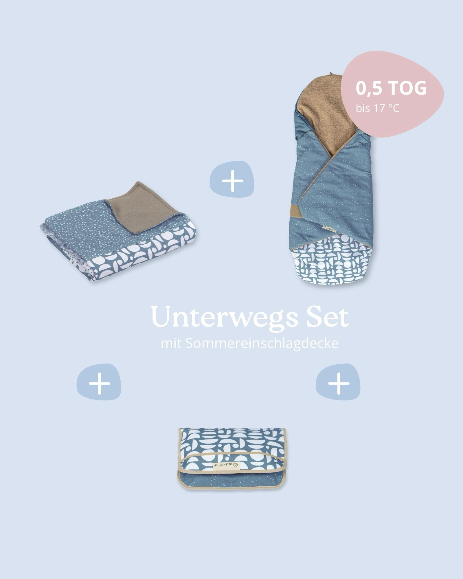 Blaues Unterwegs Set mit Patchwork Babydecke, Einschlagdecke und Wickeltasche, aus Baumwolle und Fleece.