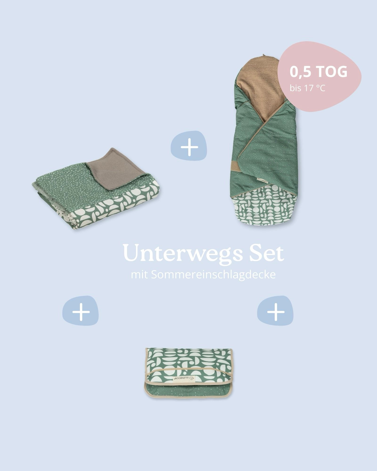 Grünes Unterwegs Set mit Patchwork-Babydecke, Einschlagdecke und Wickeltasche aus Baumwolle und Fleece.