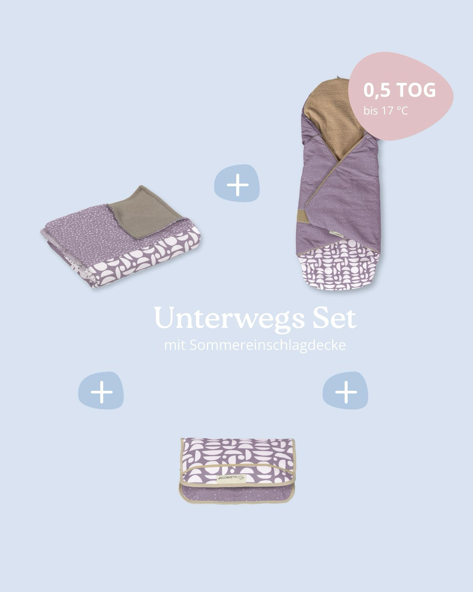 Lila Unterwegs Set mit Patchwork Babydecke, Einschlagdecke und Wickeltasche aus Baumwolle und Fleece.