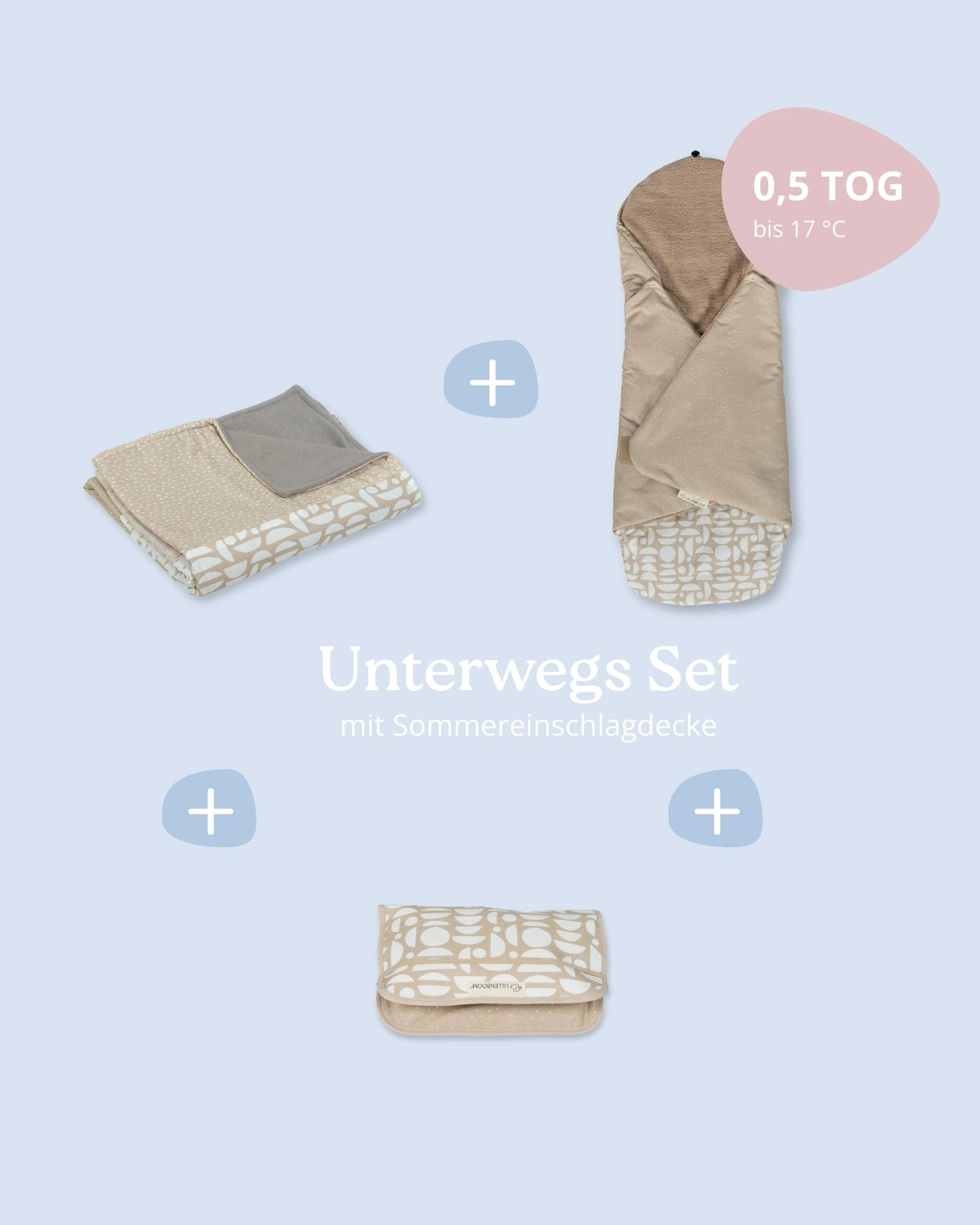 Sandfarbenes Unterwegs Set mit Patchwork Babydecke, Einschlagdecke und Wickelunterlage, ideal für Babys.