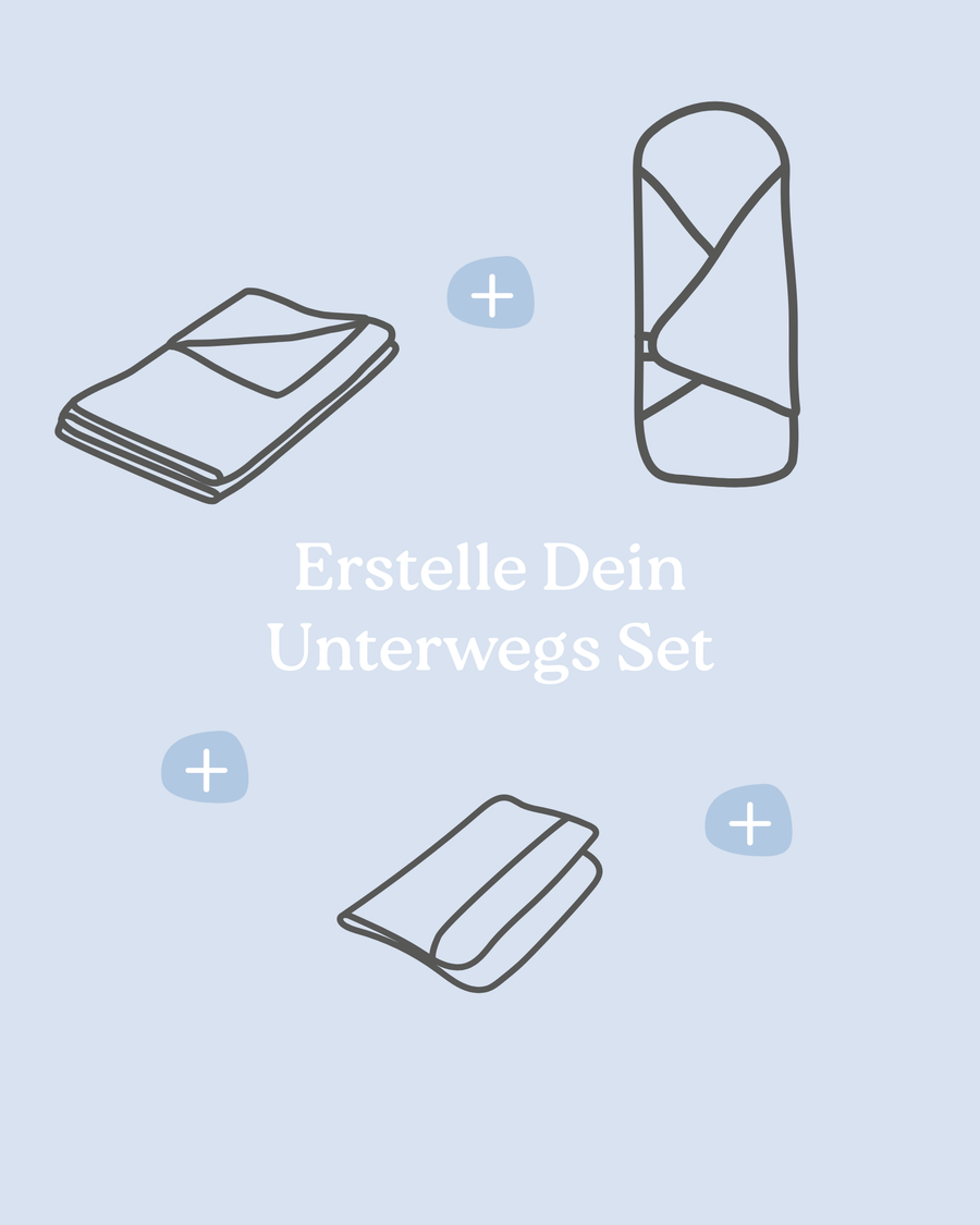 Skizze eines Unterwegs Sets mit drei grauen Textilien: einem gefalteten Tuch, einer gerollten Decke und einem kleinen Handtuch.