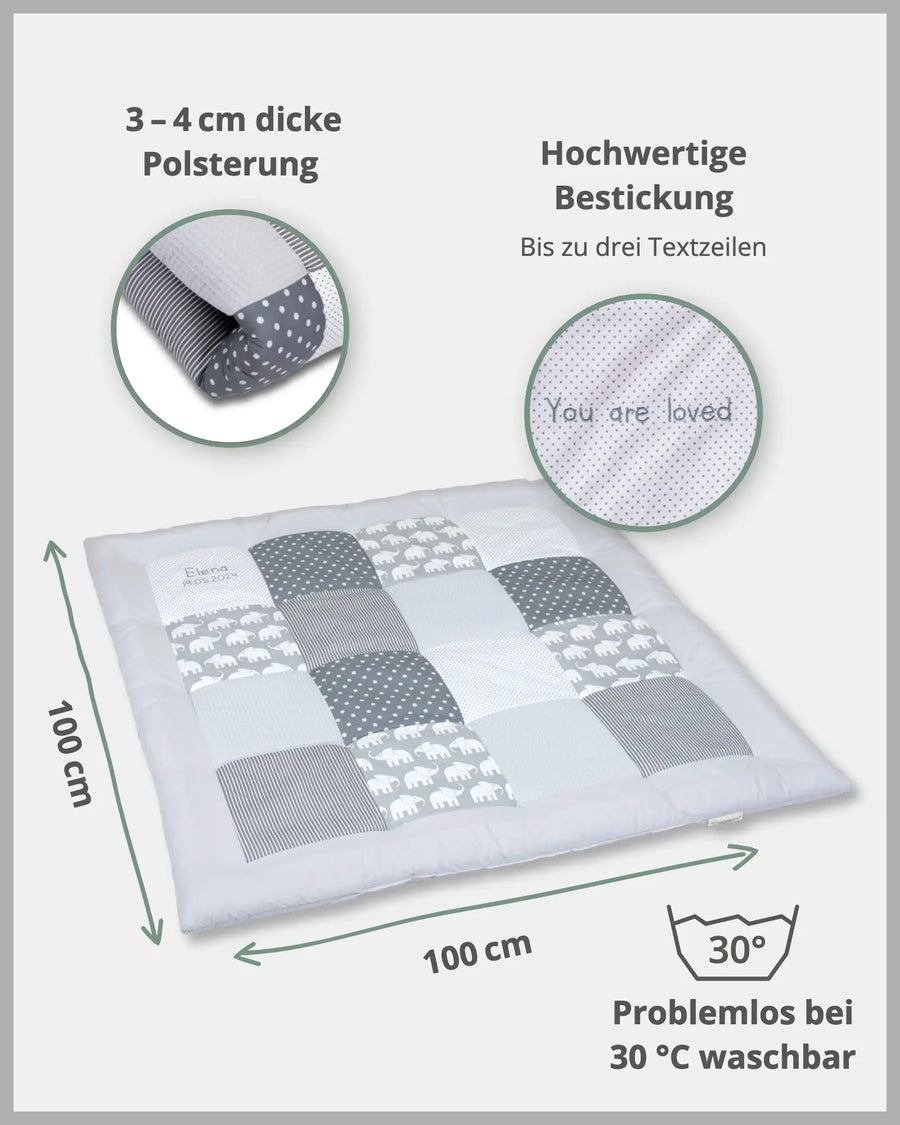 Krabbeldecke GRAU ELEFANT-Personalisierbare Krabbeldecke Grau Elefant ULLENBOOM®-ULLENBOOM Baby