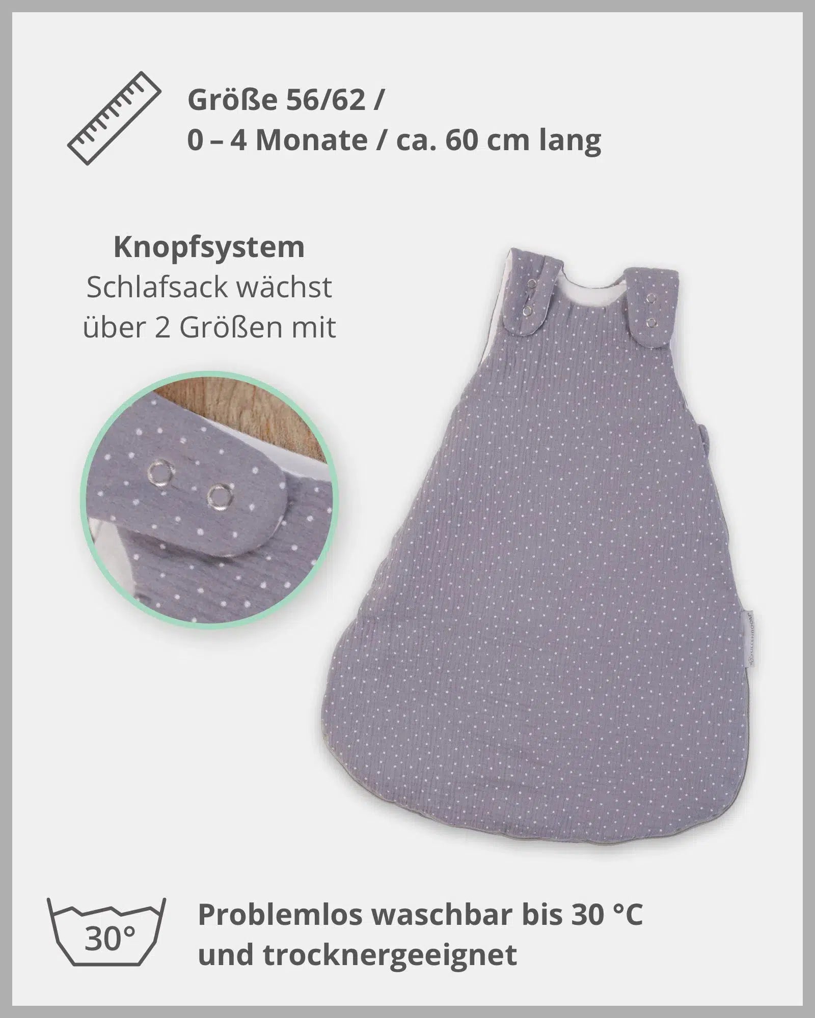 Baby Schlafsack MUSSELIN GRAU-ULLENBOOM-0-4 Monate | 56-62 cm-ULLENBOOM Baby