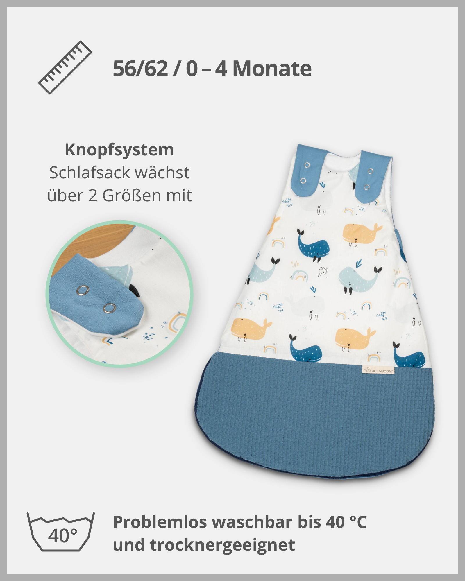 Baby Schlafsack Waffelpiqué Motiv BLAU WALE-ULLENBOOM-0-4 Monate | 56-62 cm-ULLENBOOM Baby