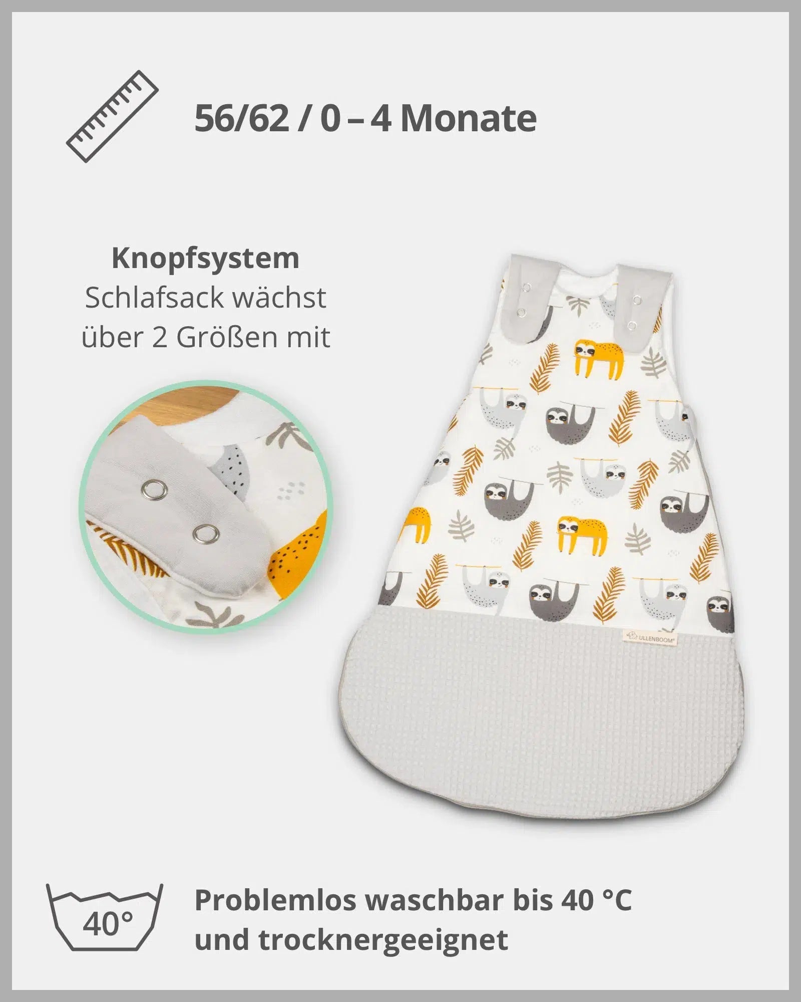 Baby Schlafsack Waffelpiqué Motiv GRAU FAULTIERE-ULLENBOOM-0-4 Monate | 56-62 cm-ULLENBOOM Baby