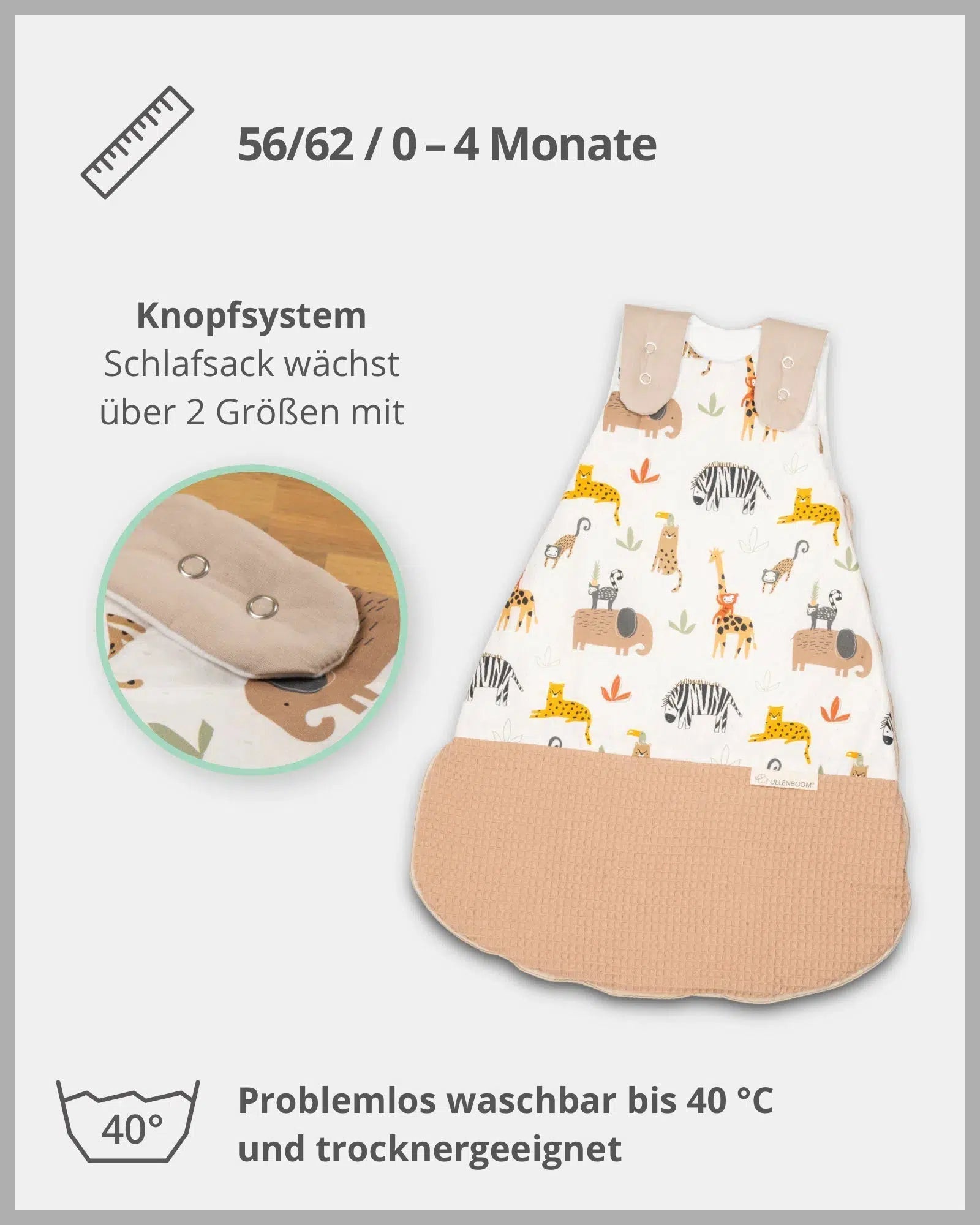 Baby Schlafsack Waffelpiqué Motiv BEIGE SAVANNE-ULLENBOOM-0-4 Monate | 56-62 cm-ULLENBOOM Baby