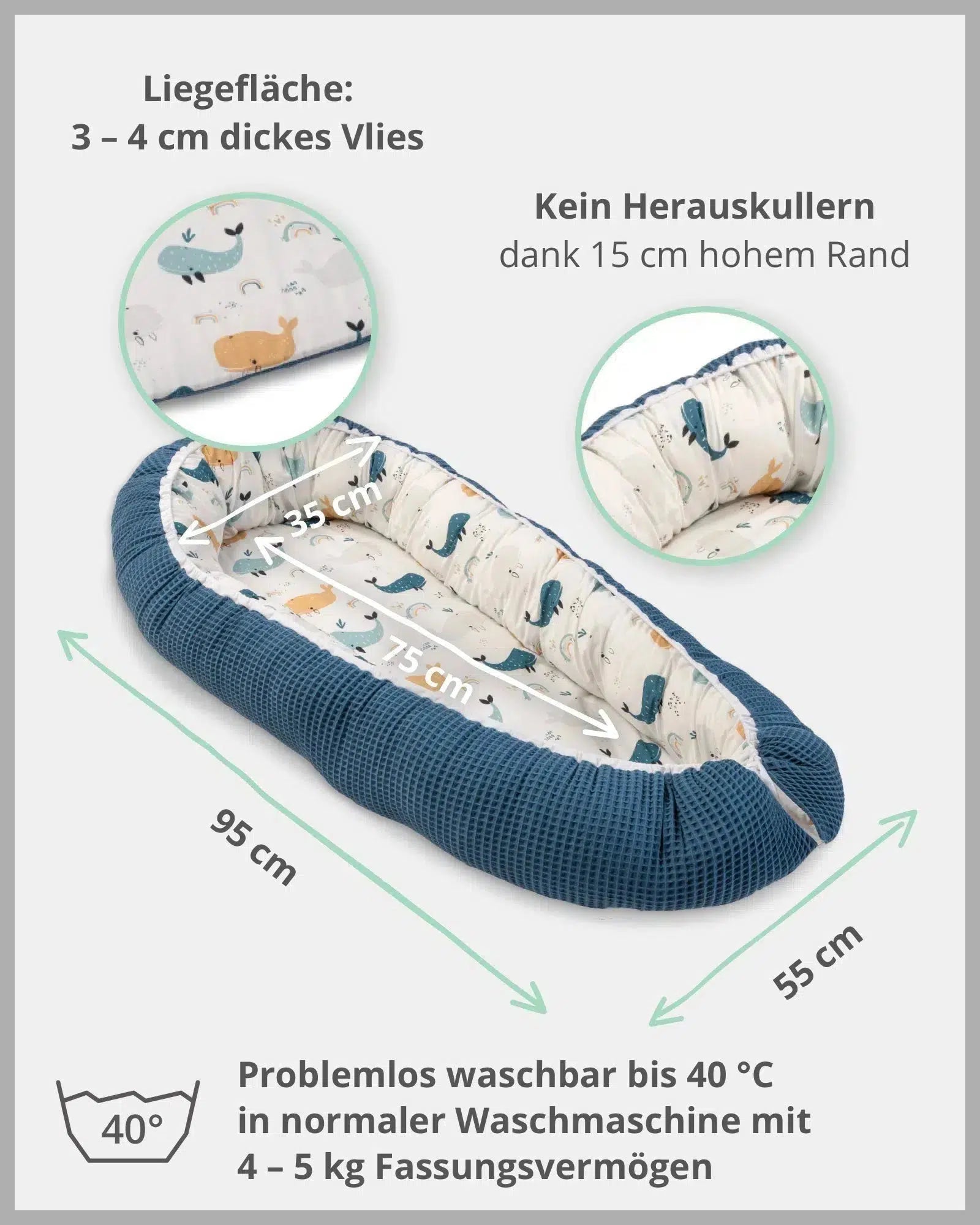 Babynest Waffelpiqué Motiv BLAU WALE-ULLENBOOM-55 x 95 cm-ULLENBOOM Baby