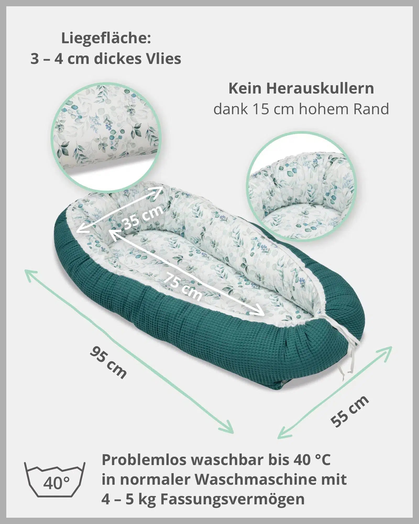 Babynest Waffelpiqué Motiv EUKALYPTUS-PETROL-ULLENBOOM-55 x 95 cm-ULLENBOOM Baby