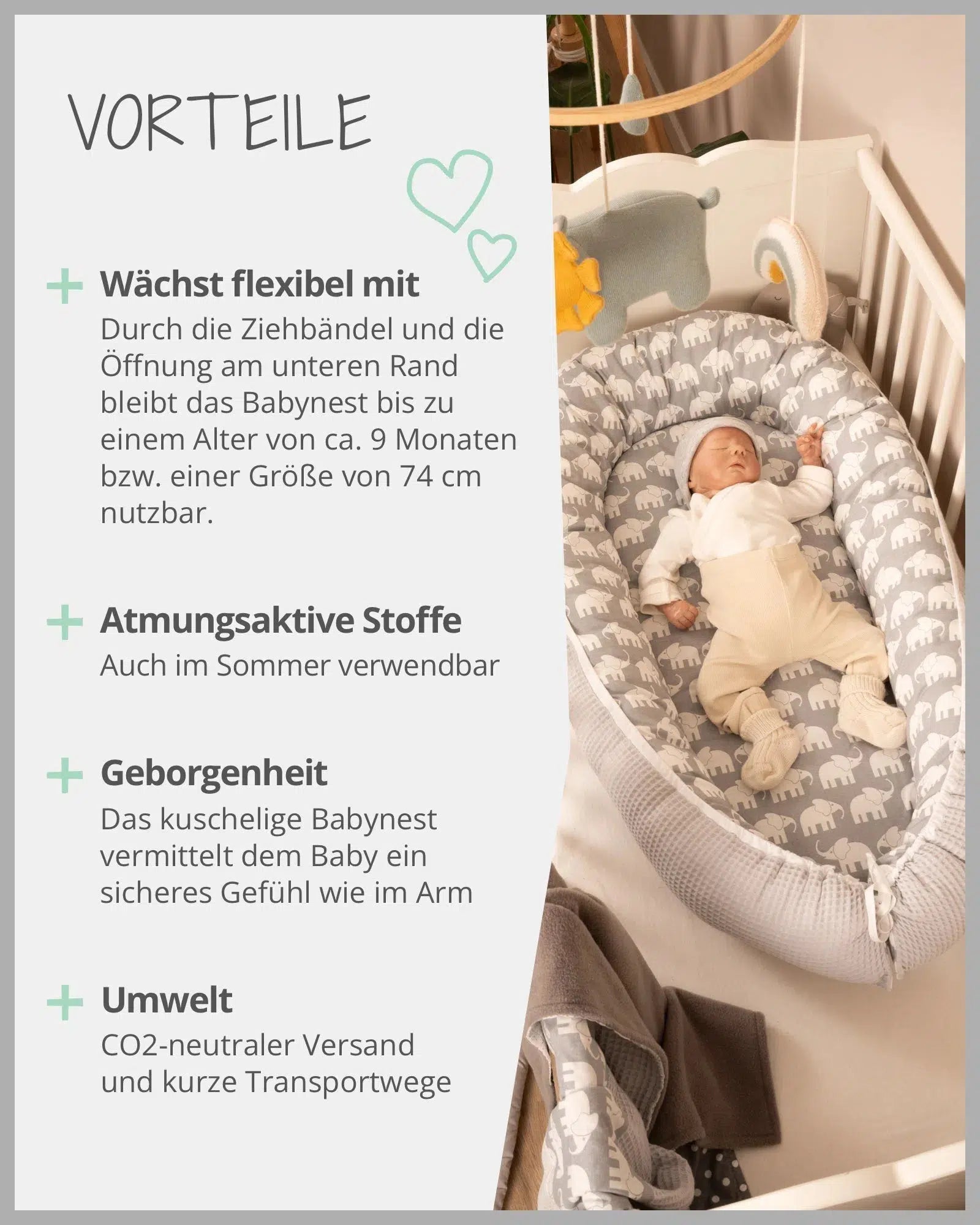 Babynest GRAU ELEFANT-ULLENBOOM-55 x 95 cm-ULLENBOOM Baby