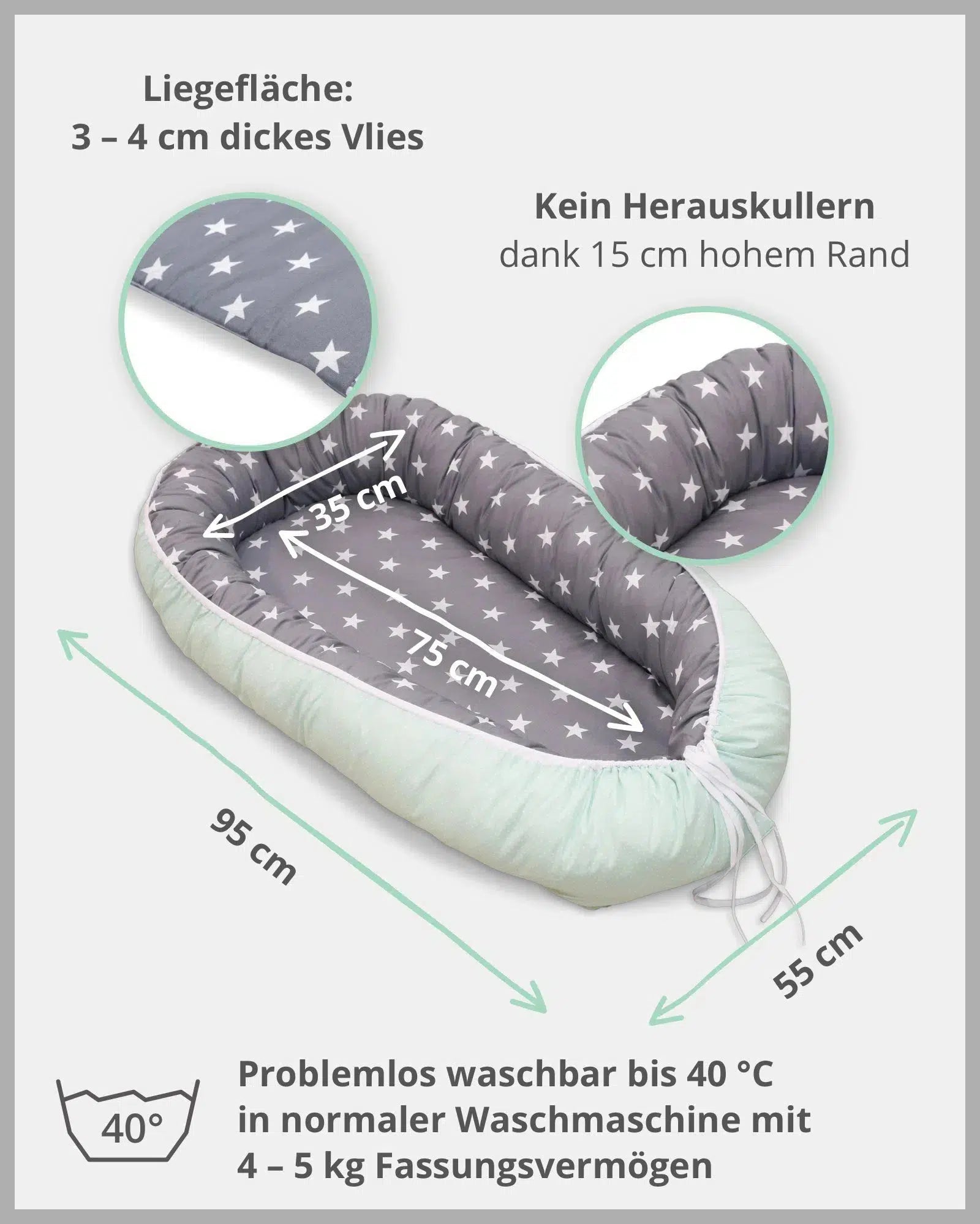 Babynest mit Einlage MINT GRAU-ULLENBOOM-55 x 95 cm-ULLENBOOM Baby