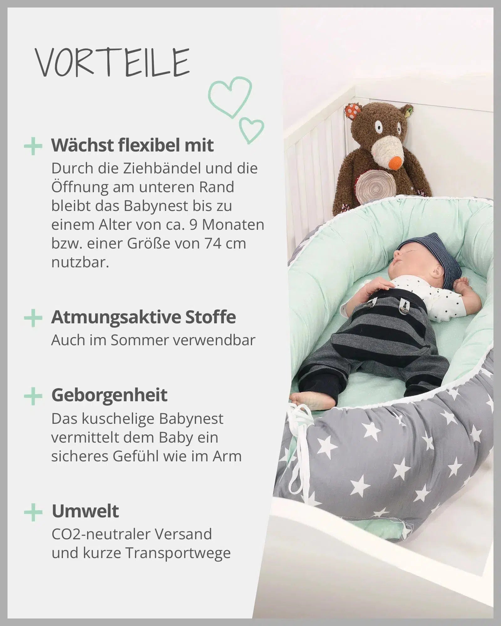 Babynest mit Einlage MINT GRAU-ULLENBOOM-55 x 95 cm-ULLENBOOM Baby