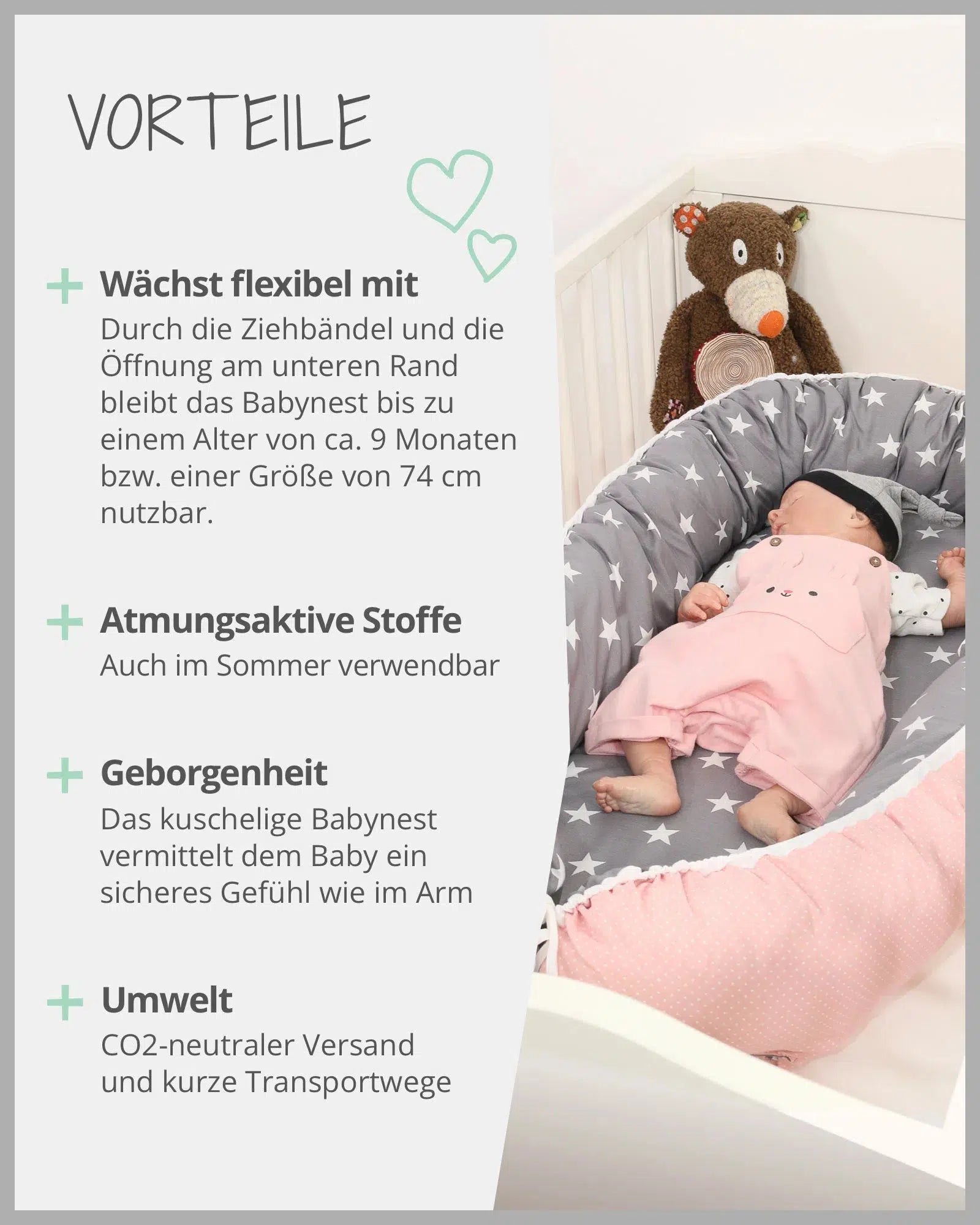 Babynest mit Einlage ROSA GRAU-ULLENBOOM-55 x 95 cm-ULLENBOOM Baby