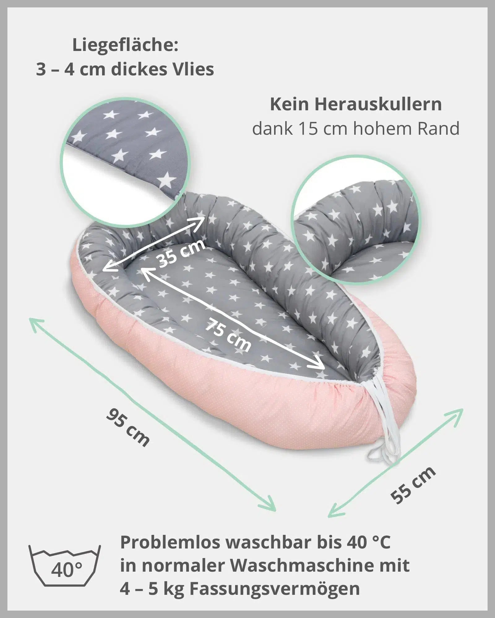 Babynest mit Einlage ROSA GRAU-ULLENBOOM-55 x 95 cm-ULLENBOOM Baby