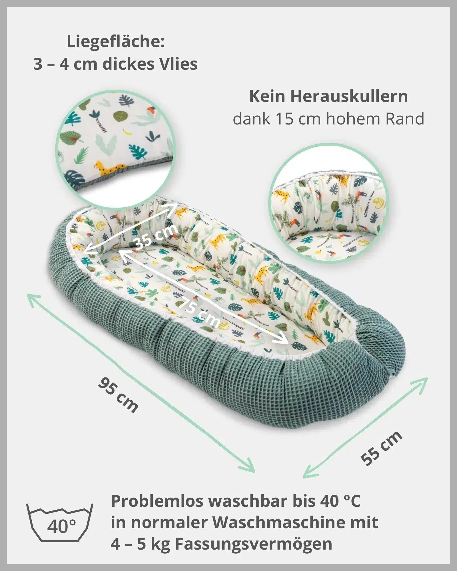 Babynest Waffelpiqué Motiv SALBEIGRÜN REGENWALD-ULLENBOOM-55 x 95 cm-ULLENBOOM Baby