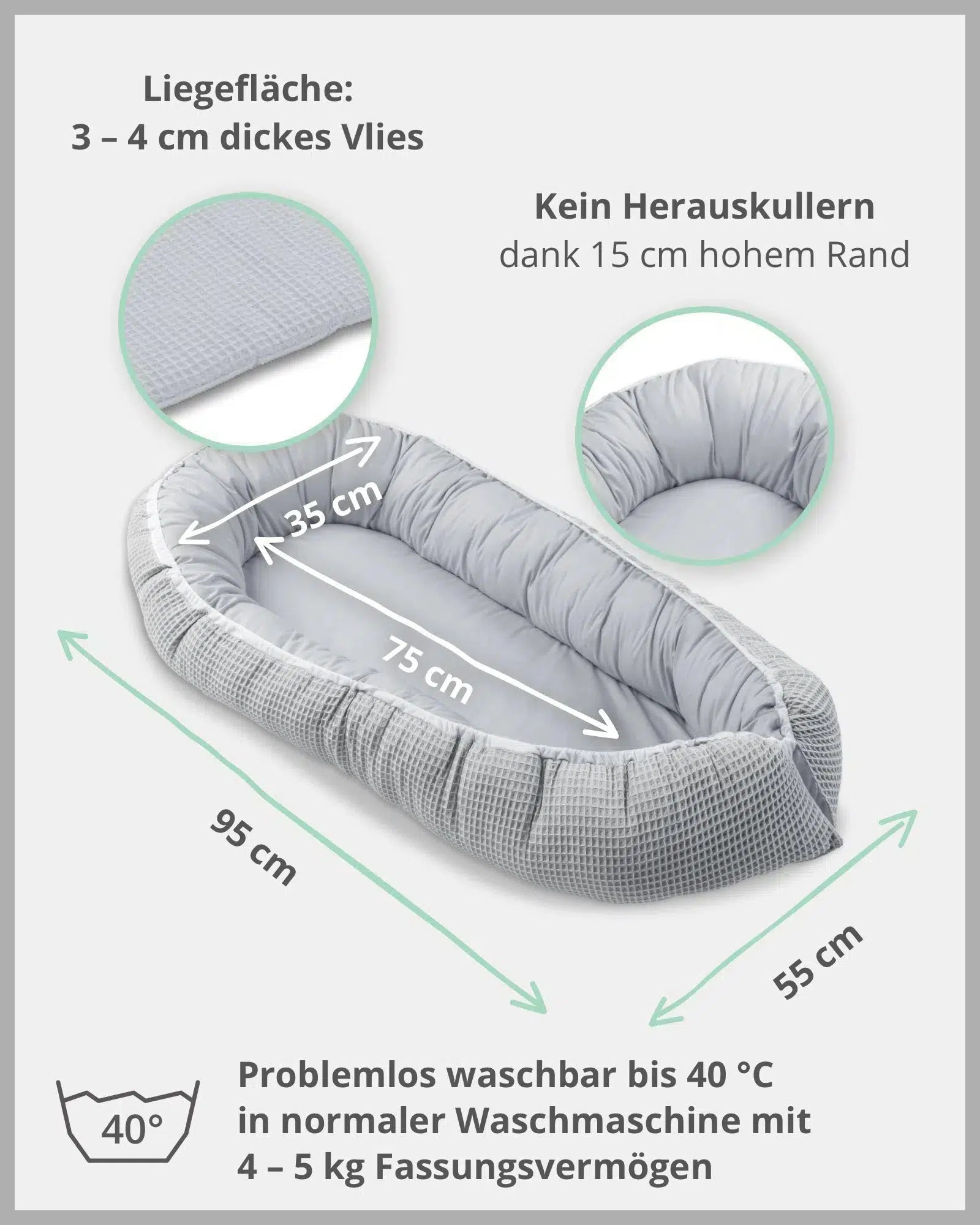 Babynest Waffelpiqué GRAU-ULLENBOOM-55 x 95 cm-ULLENBOOM Baby