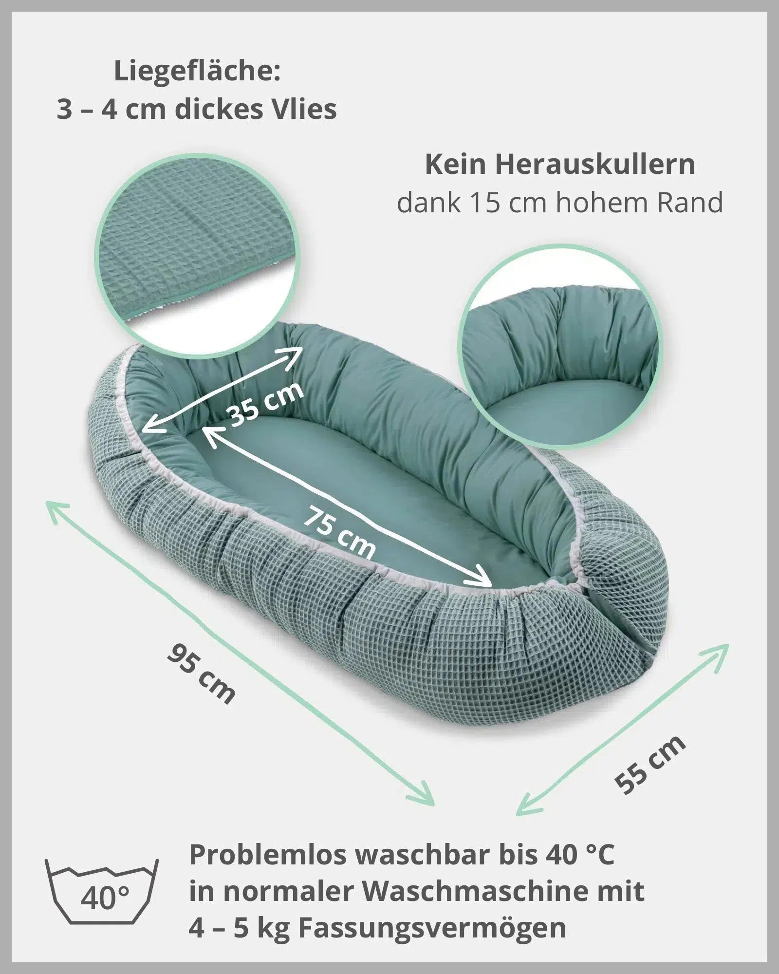 Babynest Waffelpiqué SALBEIGRÜN-ULLENBOOM-55 x 95 cm-ULLENBOOM Baby