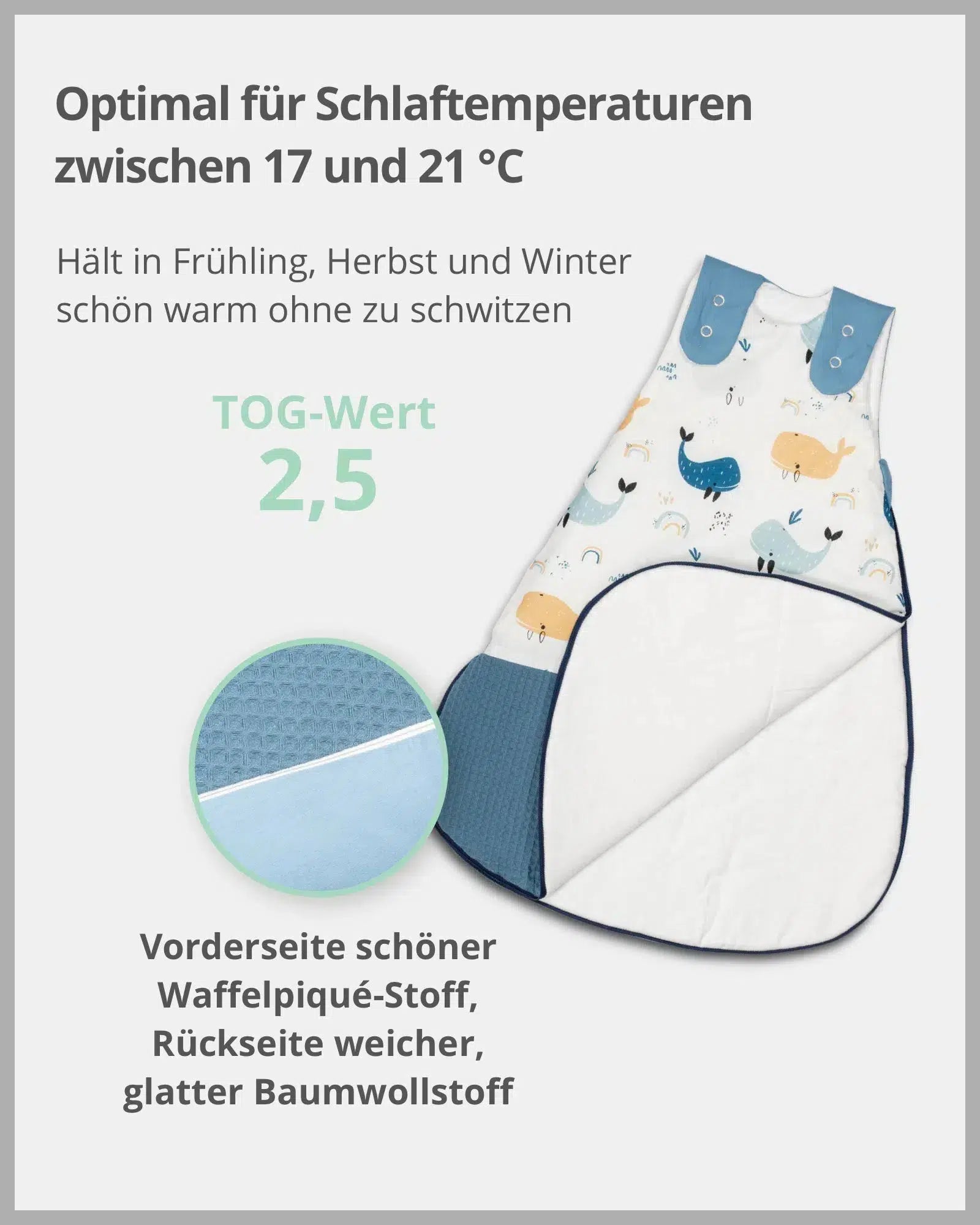 Baby Schlafsack Waffelpiqué Motiv BLAU WALE-ULLENBOOM-0-4 Monate | 56-62 cm-ULLENBOOM Baby