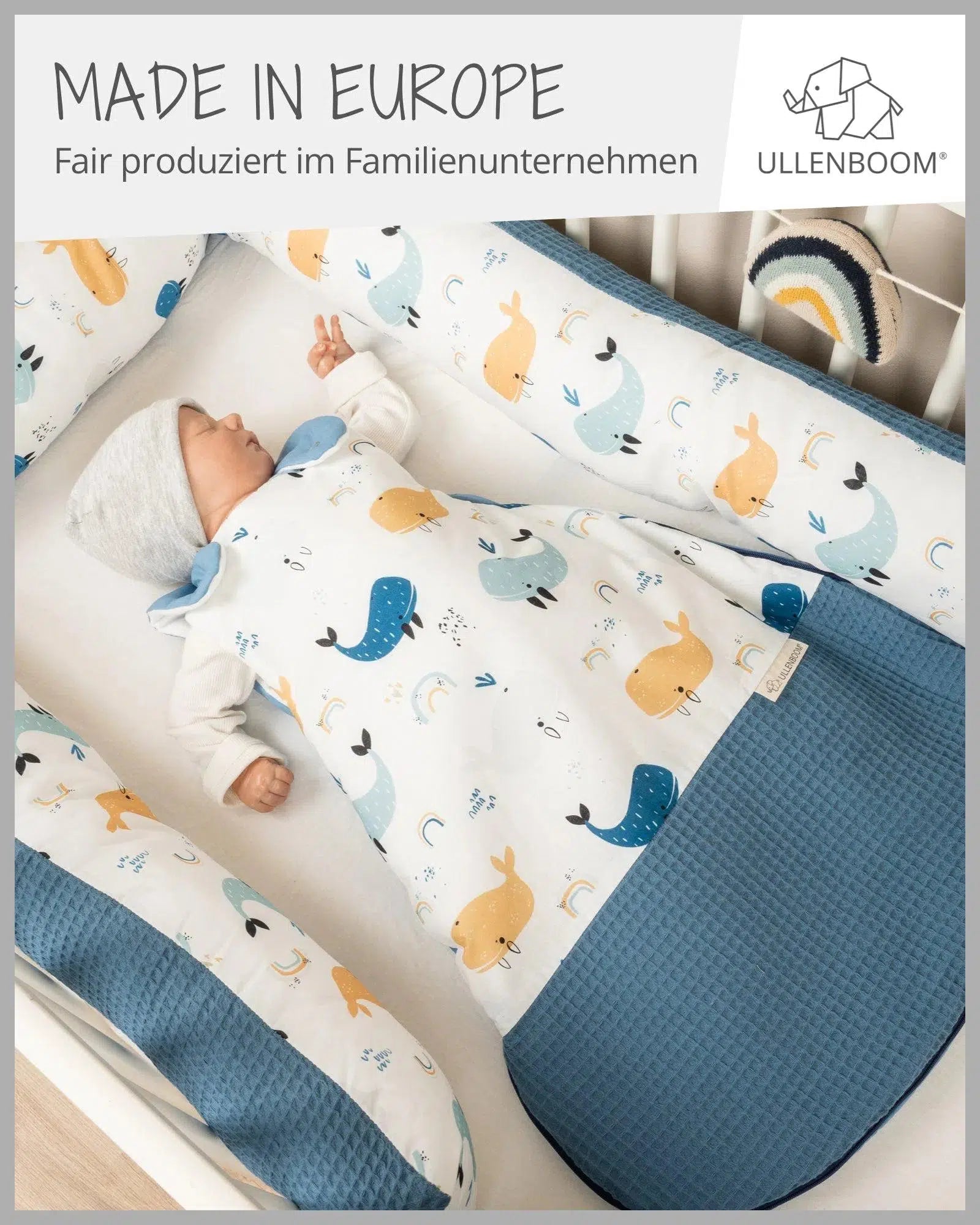 Baby Schlafsack Waffelpiqué Motiv BLAU WALE-ULLENBOOM-0-4 Monate | 56-62 cm-ULLENBOOM Baby