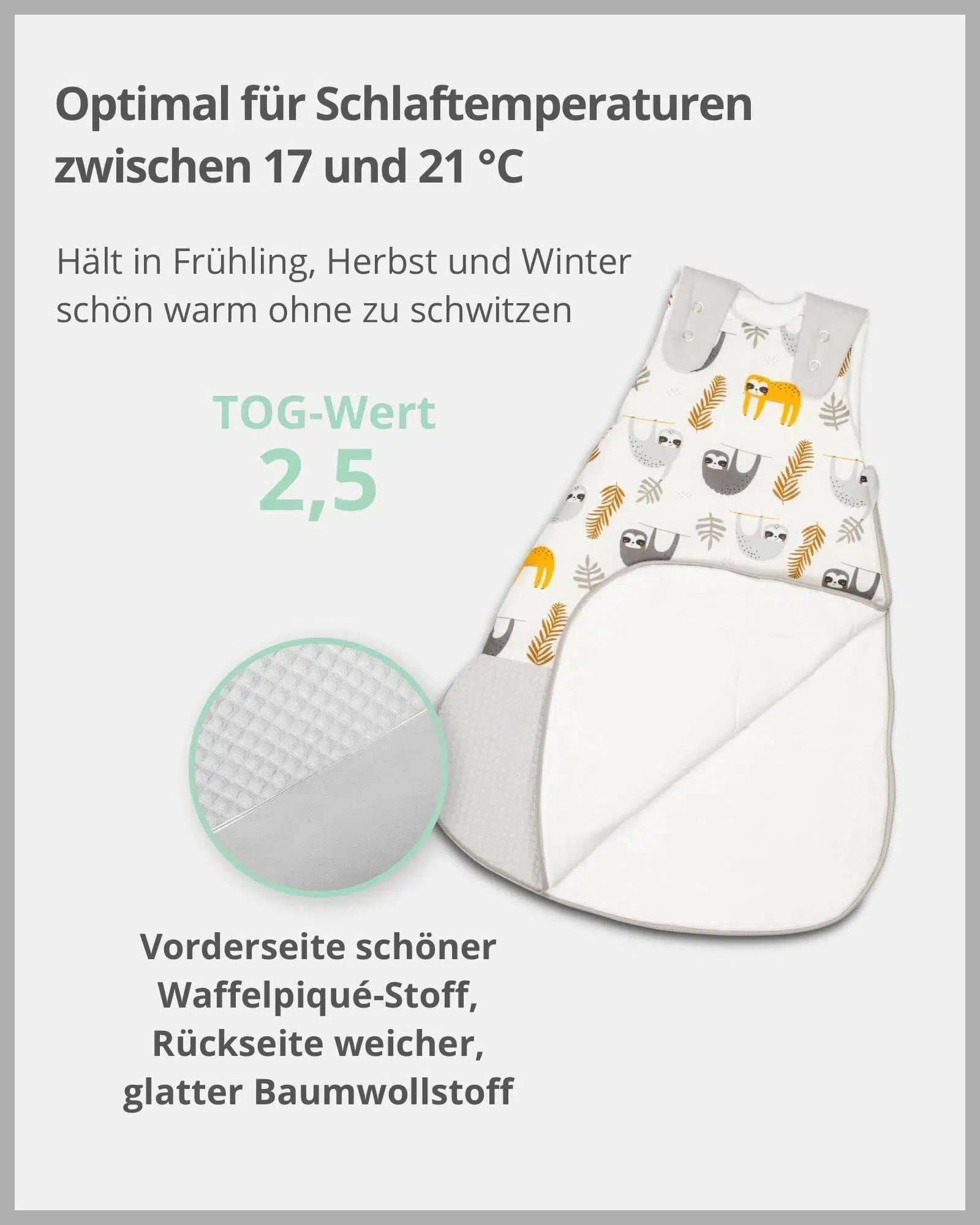 Baby Schlafsack Waffelpiqué Motiv GRAU FAULTIERE-ULLENBOOM-0-4 Monate | 56-62 cm-ULLENBOOM Baby