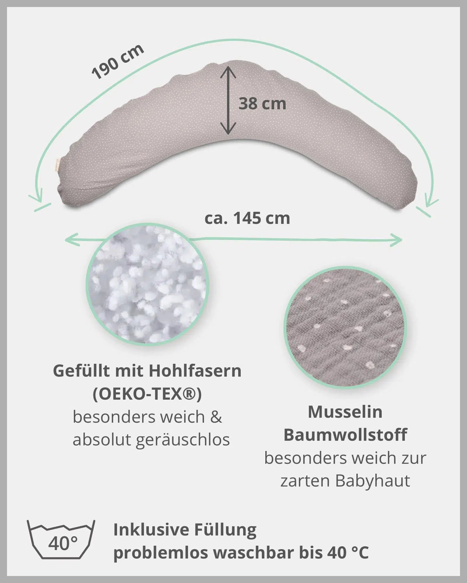 Stillkissen Musselin GRAU-ULLENBOOM-190 x 38 cm-Stillkissenbezug mit Faserbällchen-Inlett-ULLENBOOM Baby