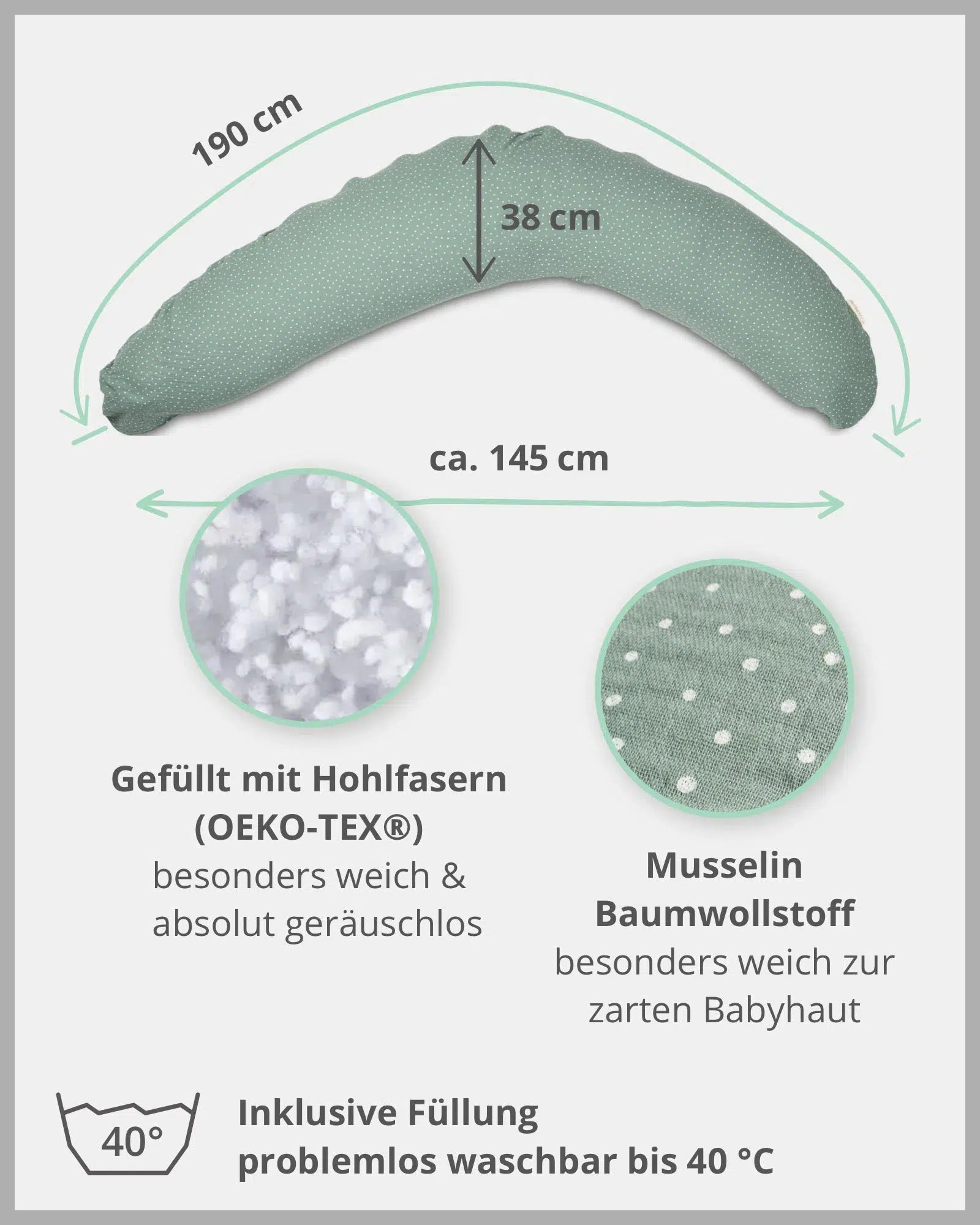 Stillkissen Musselin SALBEIGRÜN-ULLENBOOM-190 x 38 cm-Stillkissenbezug mit Faserbällchen-Inlett-ULLENBOOM Baby