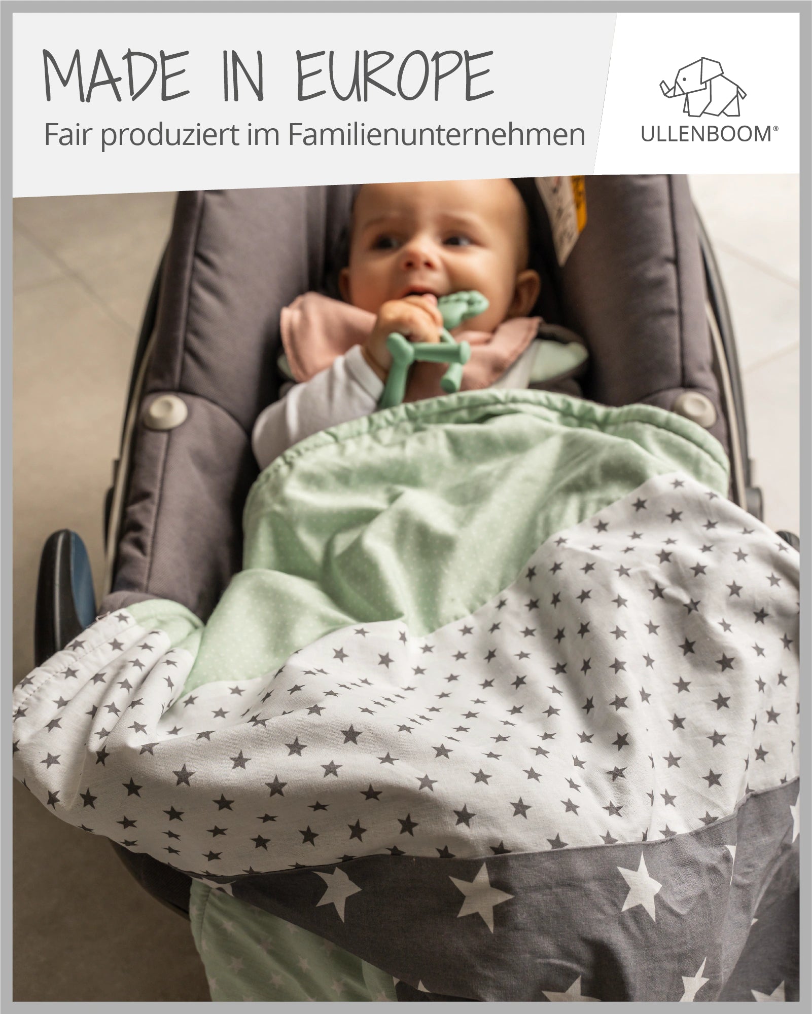 Babydecke Mint Grau mit Sternenmuster, kuschelig weich, für Babyschale.