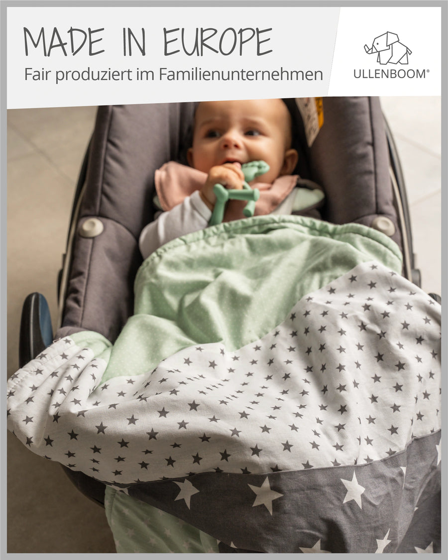 Babydecke Mint Grau mit Sternenmuster, kuschelig weich, für Babyschale.