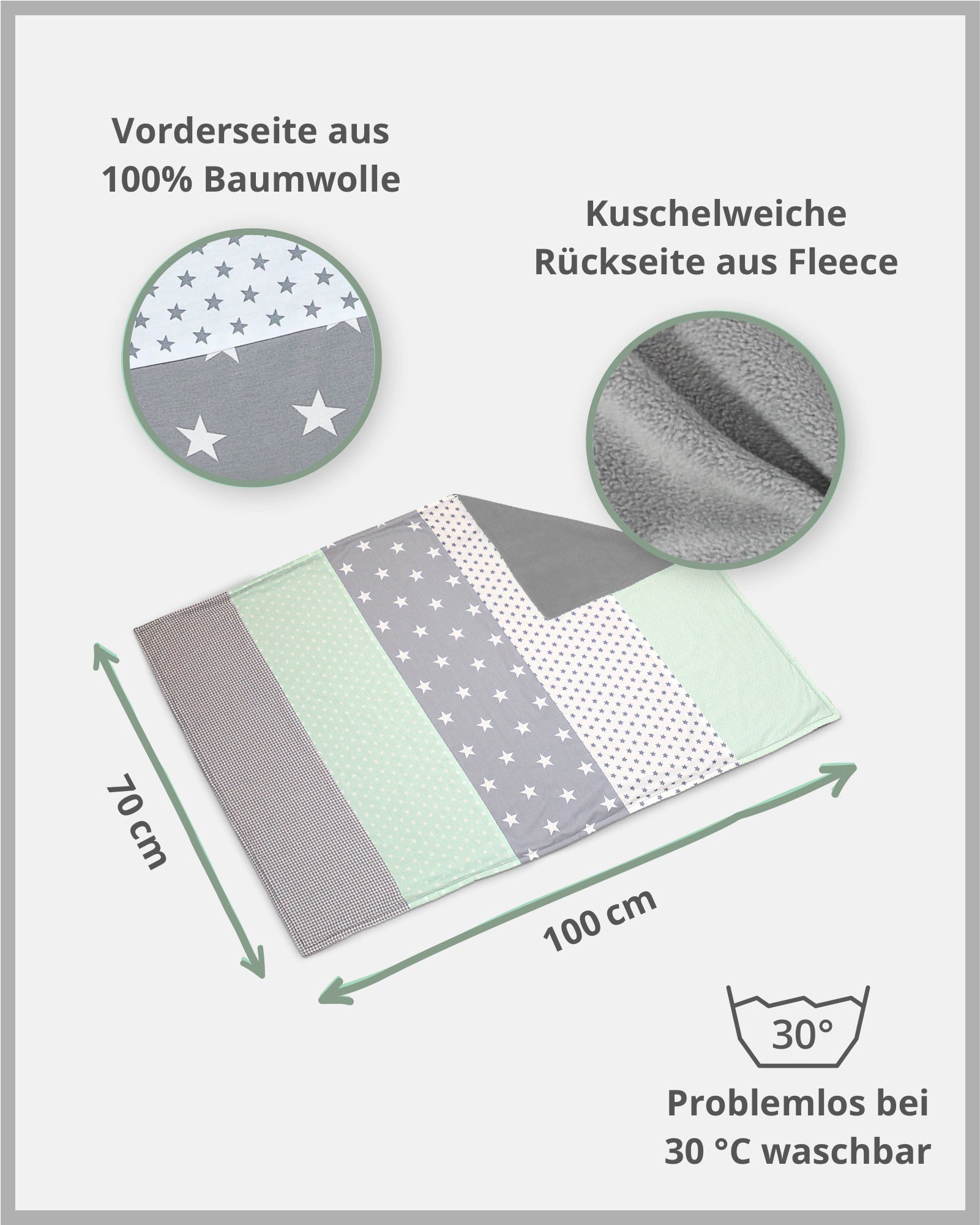 Babydecke Mint Grau, 100x70 cm, mit Sternenmuster, Vorderseite aus Baumwolle, kuschelweiche Fleece-Rückseite.