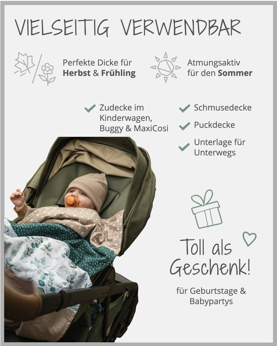 Babydecke Mint Grau mit Blumenmuster, kuschelig weich, perfekt für Babys im Kinderwagen.