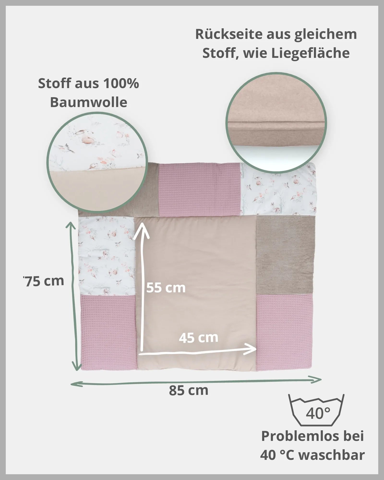 Wickelauflagen-Bezug MÄRCHENWALD-75x75, 75x85, abnehmbar, abwaschbar, beige, Märchenwald, NEU, Patchwork, Wickelauflage_ULLENBOOM® Baby