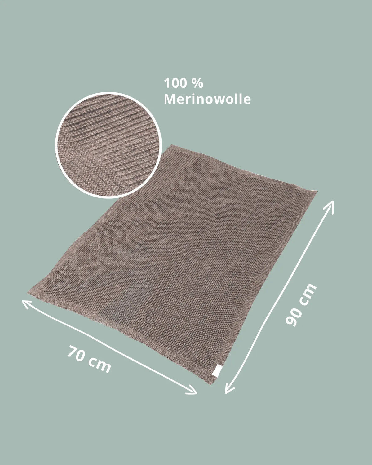 Maße der Babydecke Merinowolle Taupe: 70 x 90 cm
