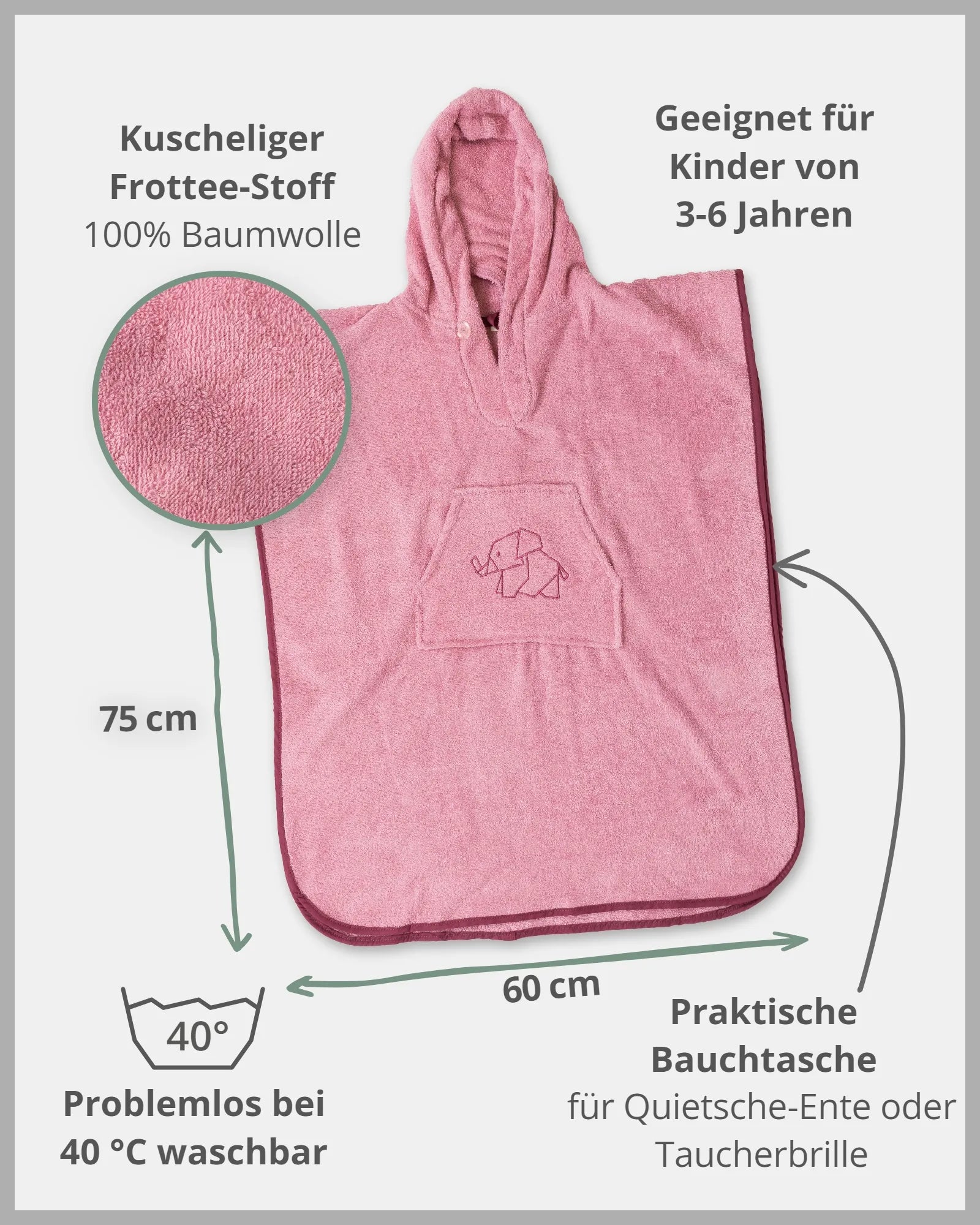 Badeponcho ROSA-Kinder Bade-Poncho aus Frottee Rosa | ULLENBOOM Baby-ULLENBOOM Baby