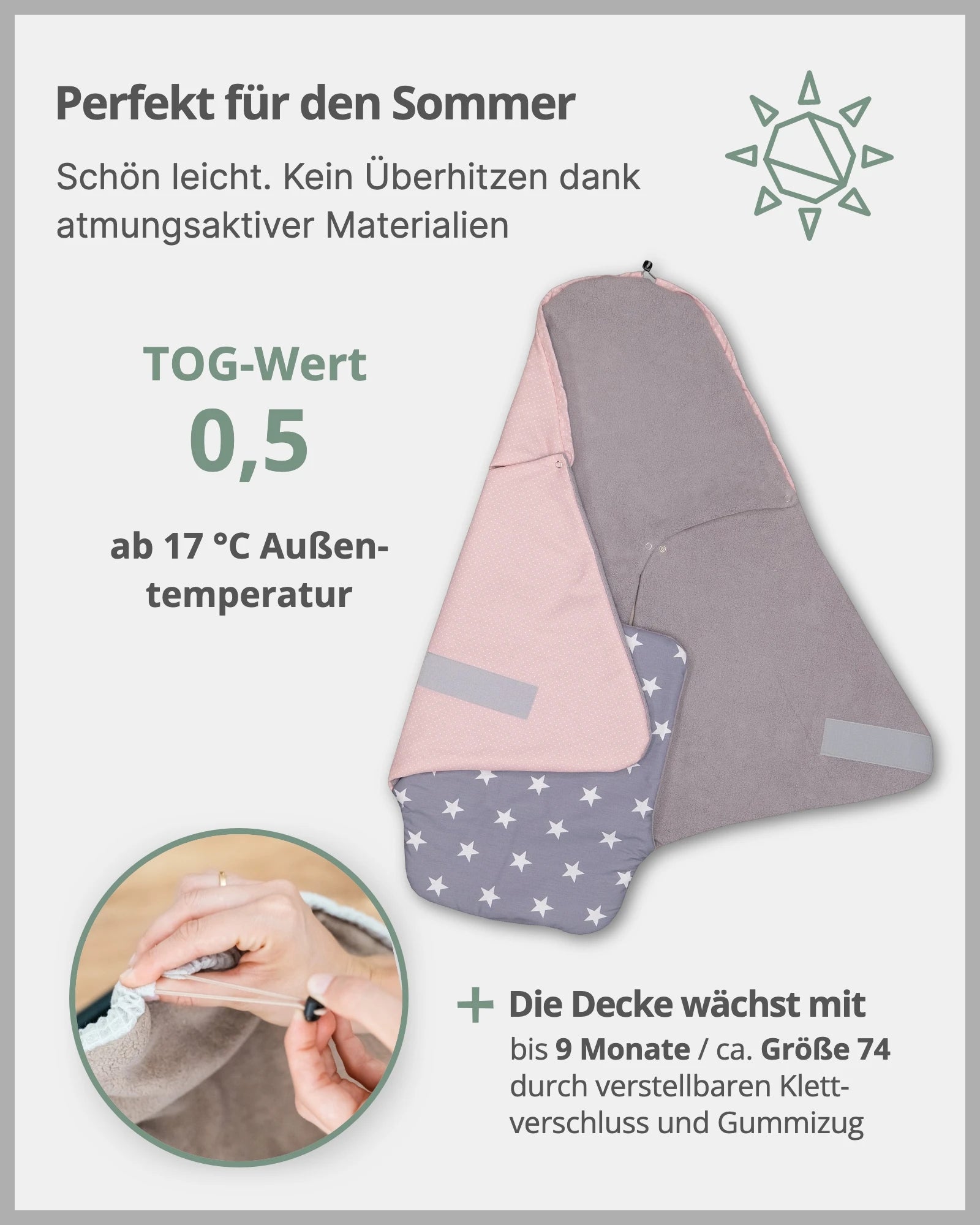 0.5 TOG Baby Einschlagdecke für den Sommer - Patchwork Rosa Grau