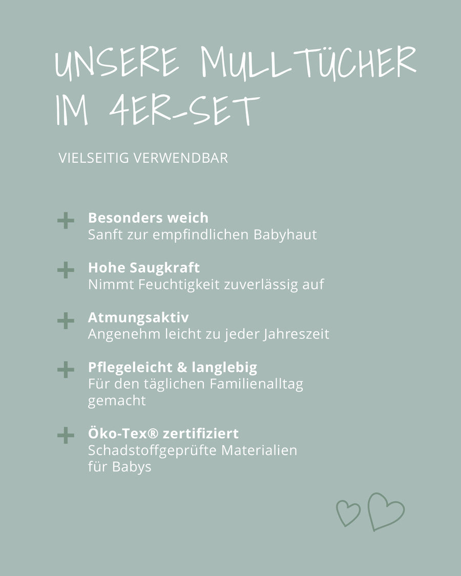 Vorteile der ULLENBOOM Mulltücher: besonders weich, hohe Saugkraft, atmungsaktiv, pflegeleicht, Öko-Tex zertifiziert