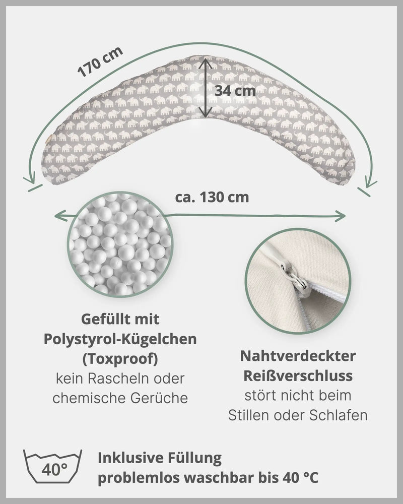 170 cm Kleines Stillkissen GRAU ELEFANT-ULLENBOOM Baby
