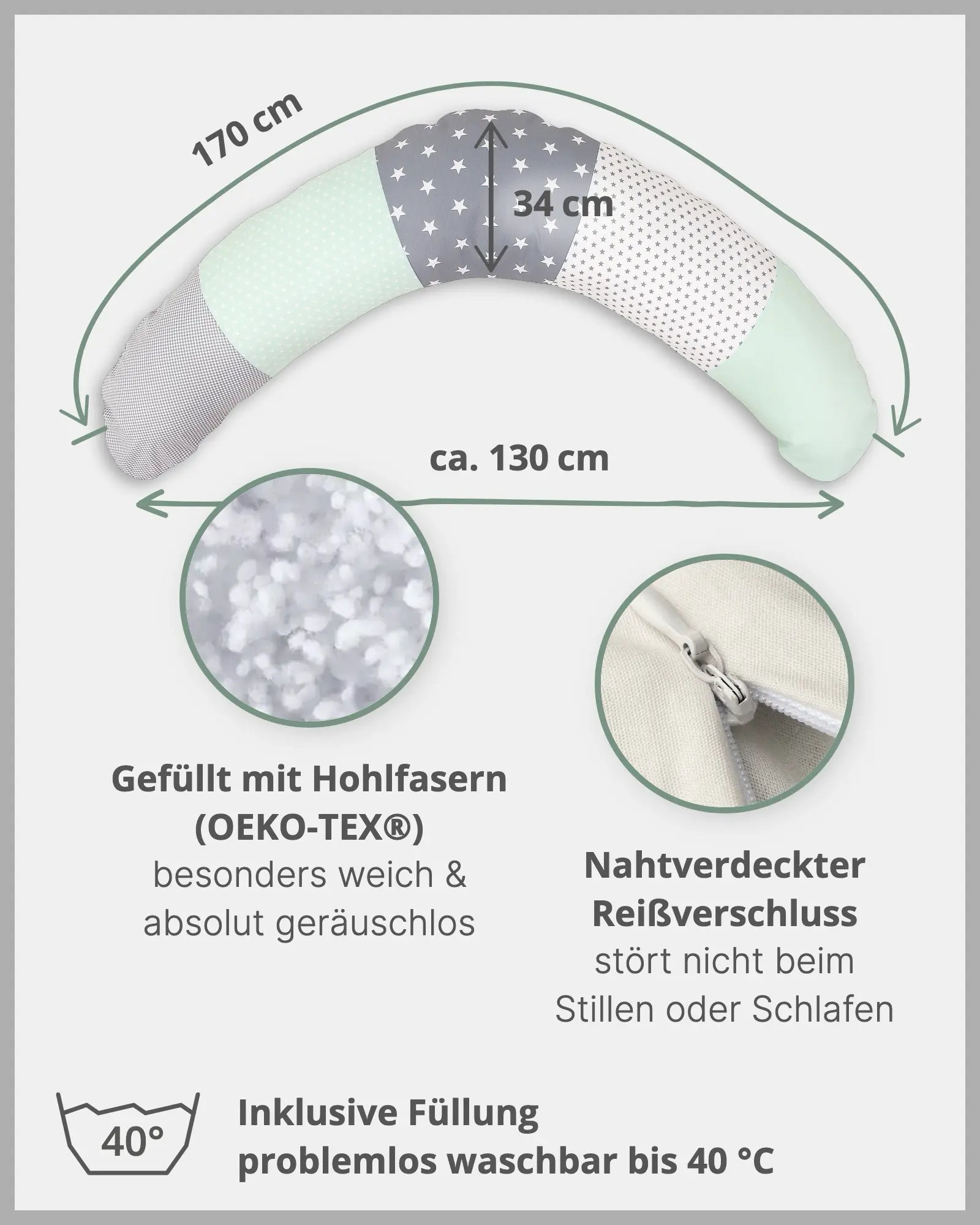 170 cm Kleines Stillkissen MINT GRAU-ULLENBOOM Baby