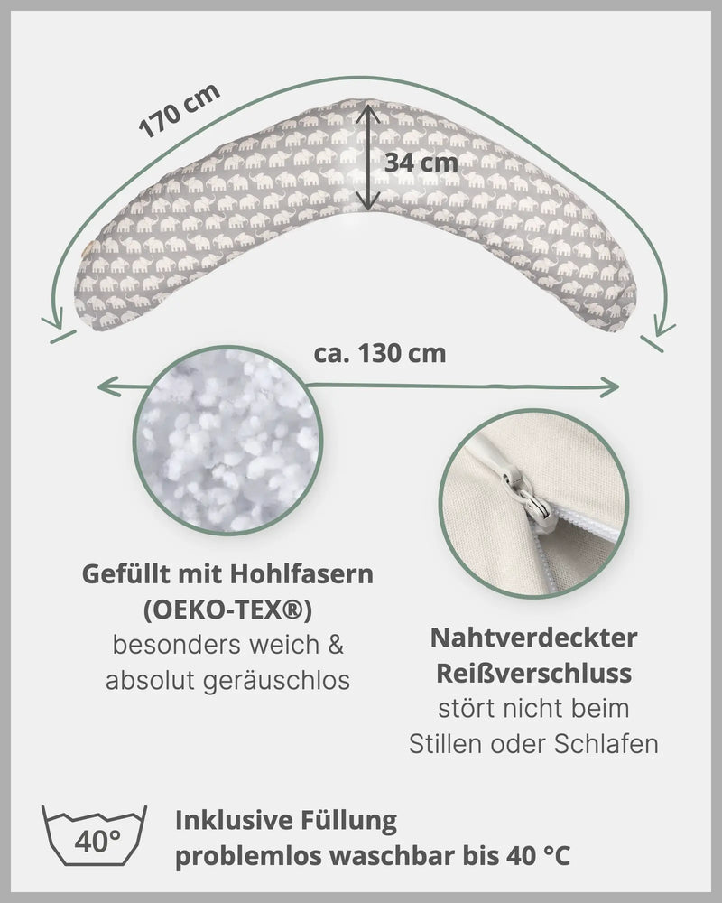 170 cm Kleines Stillkissen GRAU ELEFANT-ULLENBOOM Baby