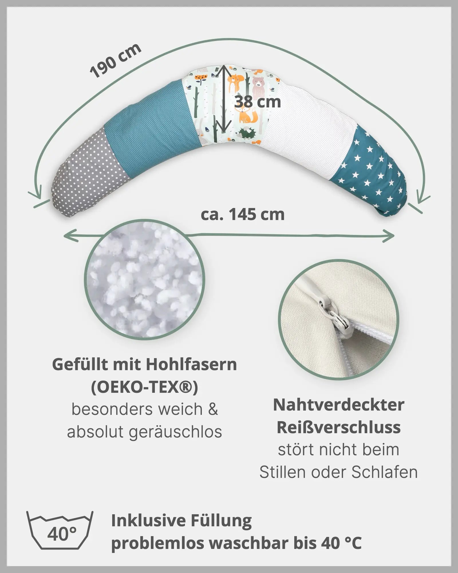 190 cm Stillkissen Waldtiere Petrol