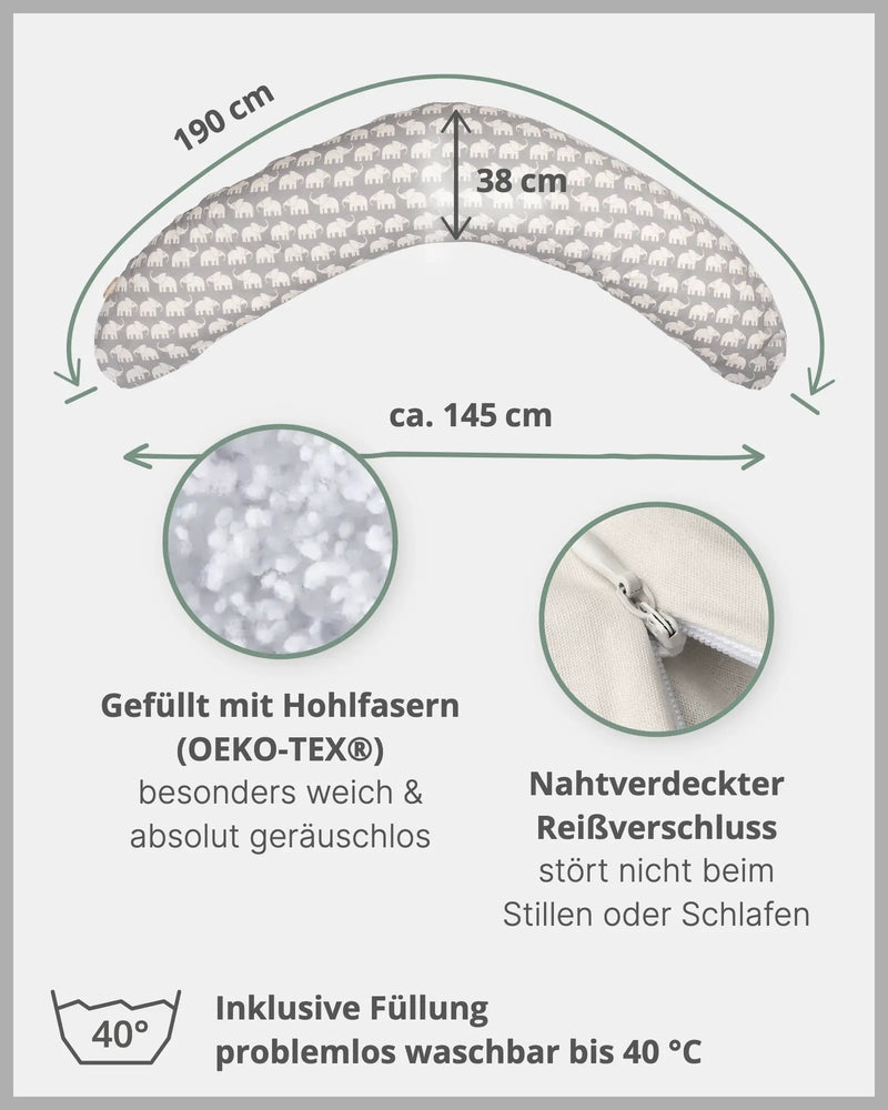 190 cm Stillkissen GRAU ELEFANT-ULLENBOOM Baby