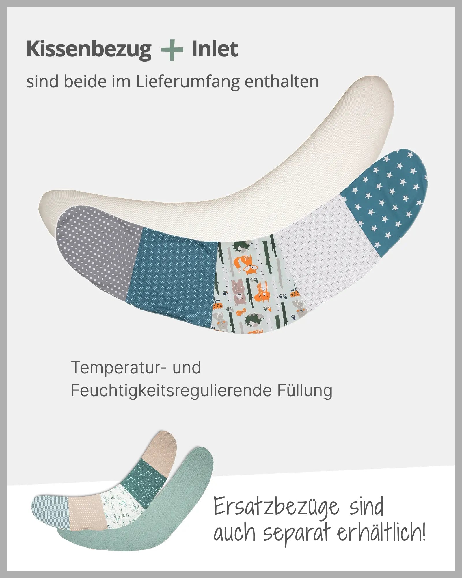 170 cm Kleines Stillkissen Waldtiere Petrol