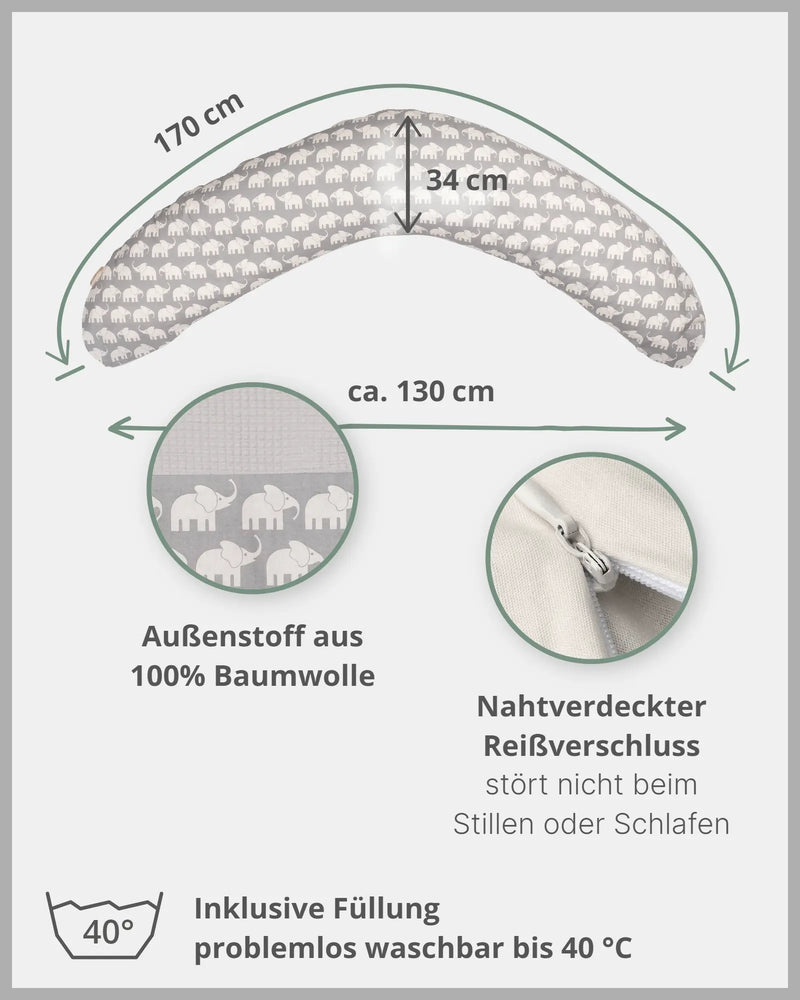 170 cm Kleines Stillkissen GRAU ELEFANT-ULLENBOOM Baby