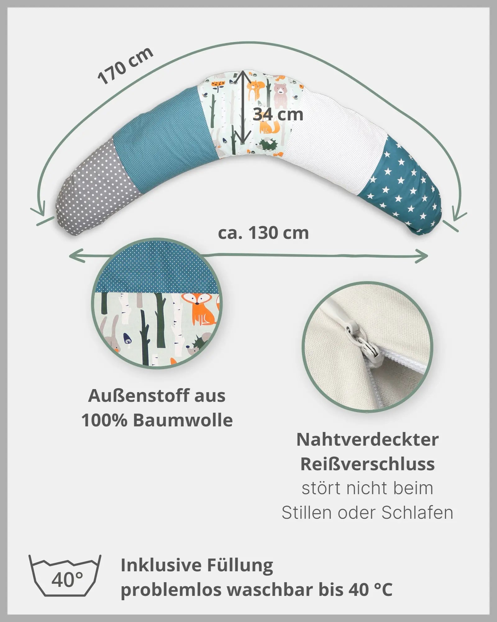170 cm Kleines Stillkissen Waldtiere Petrol
